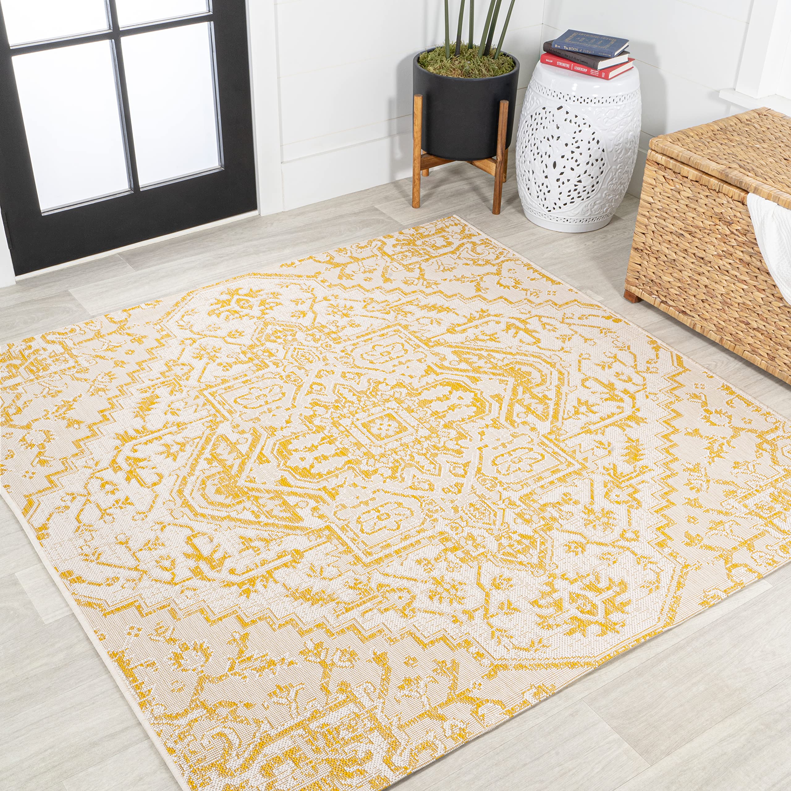JONATHAN Y SMB105H-5SQ Estrella Bohemian Medallion Textured Weave Indoor Outdoor Area Rug, Coastal Traditional Transitional Easy