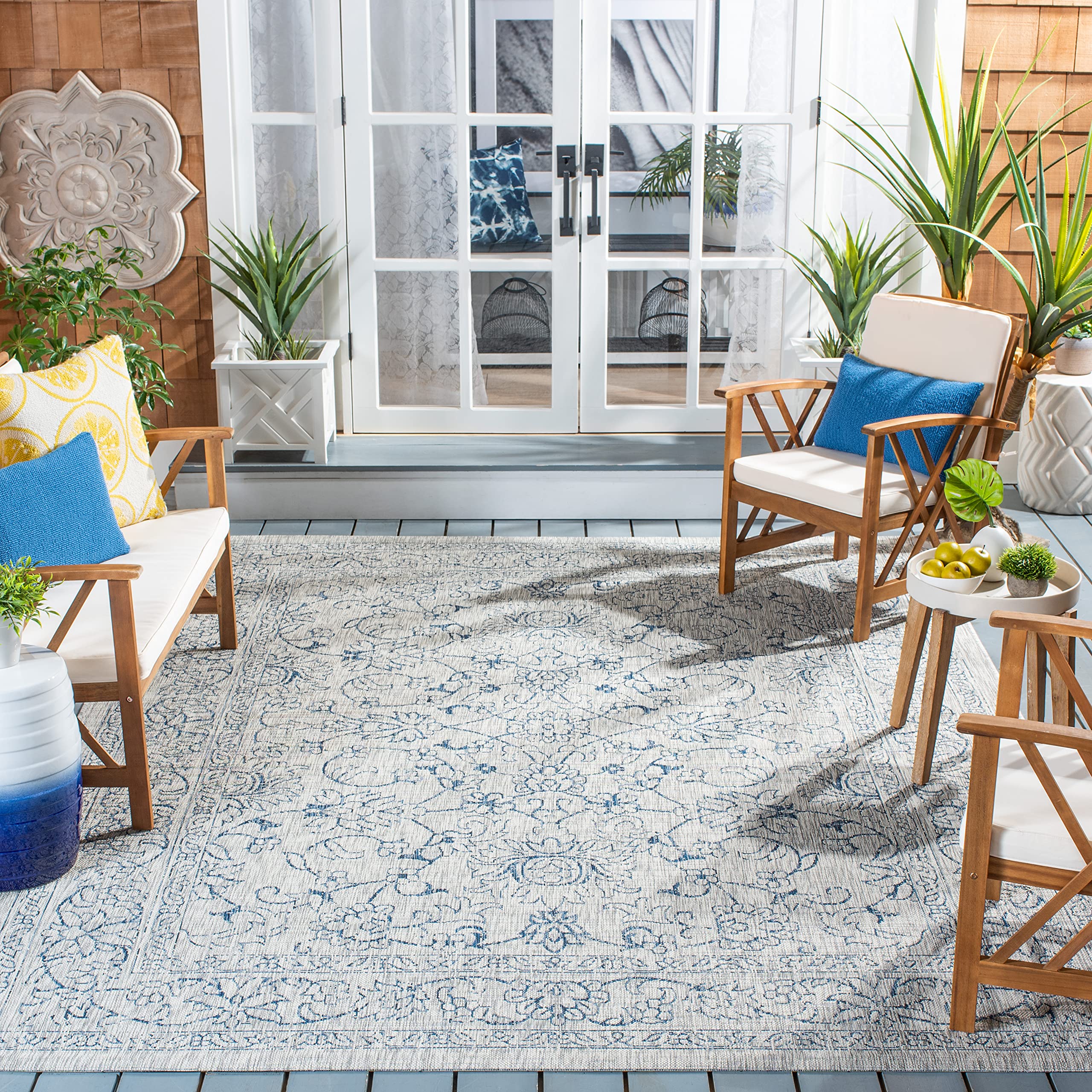SAFAVIEH Courtyard Collection Area Rug - 67 Square, Grey & Navy, Non-Shedding & Easy Care, Indoor/Outdoor & Washable-Ideal for 