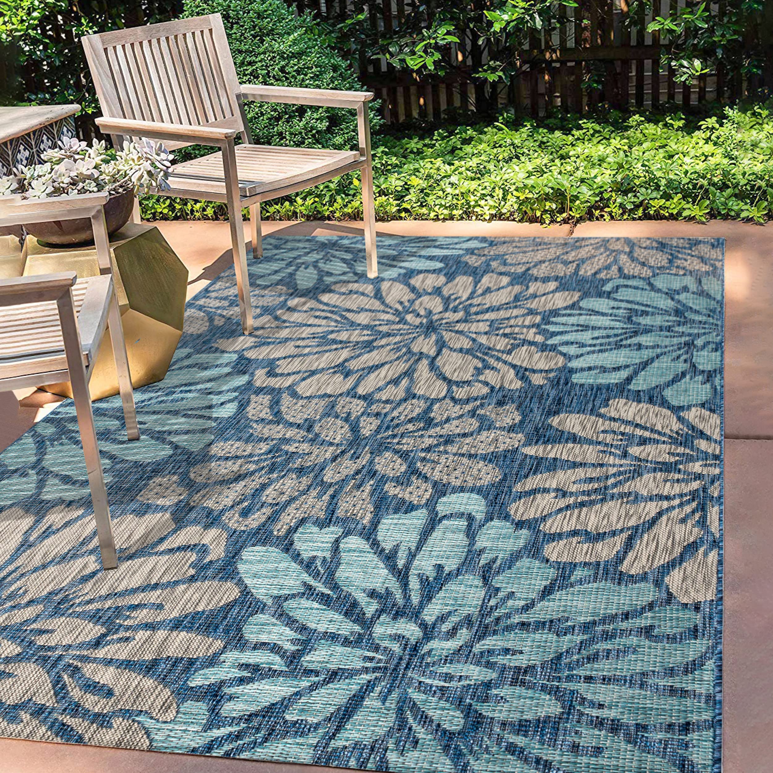 JONATHAN Y Floral Textured Weave Indoor Outdoor Area Rug 5X8 Navy/Aqua, Zinnia Modern for Backyard, Patio, Porch, Easy-Cleaning,