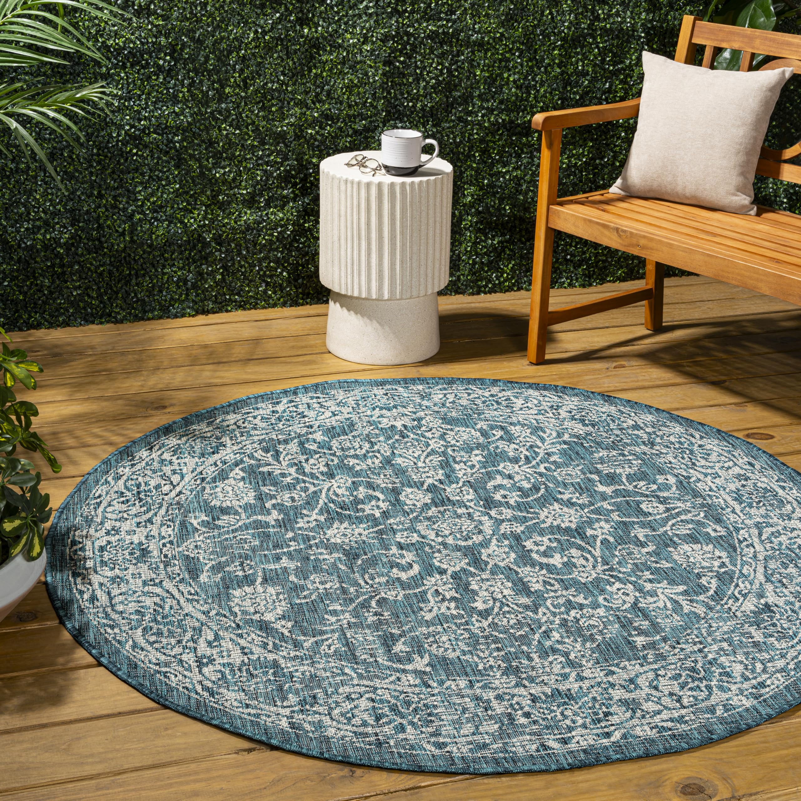 JONATHAN Y SMB100C-9R Tela Bohemian Textured Weave Floral Teal/Gray 9 Round Indoor/Outdoor Area Rug, Pet Friendly, Non-Shedding