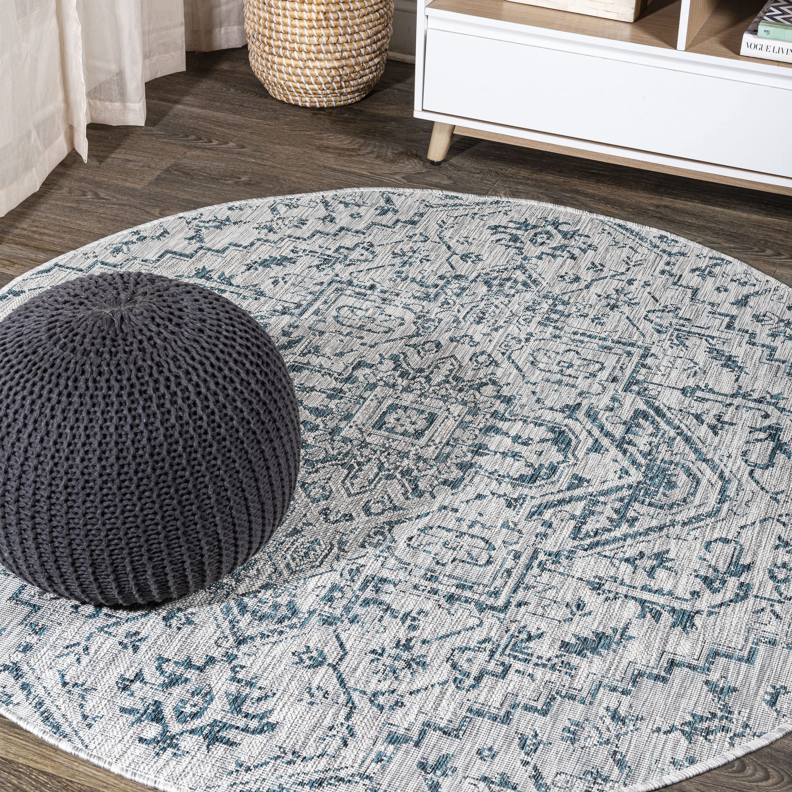 JONATHAN Y Boho Medallion Indoor Outdoor Round Area Rug 5 Ft Teal/Gray, Estrella Textured Weave for Backyard, Patio, Porch, Easy