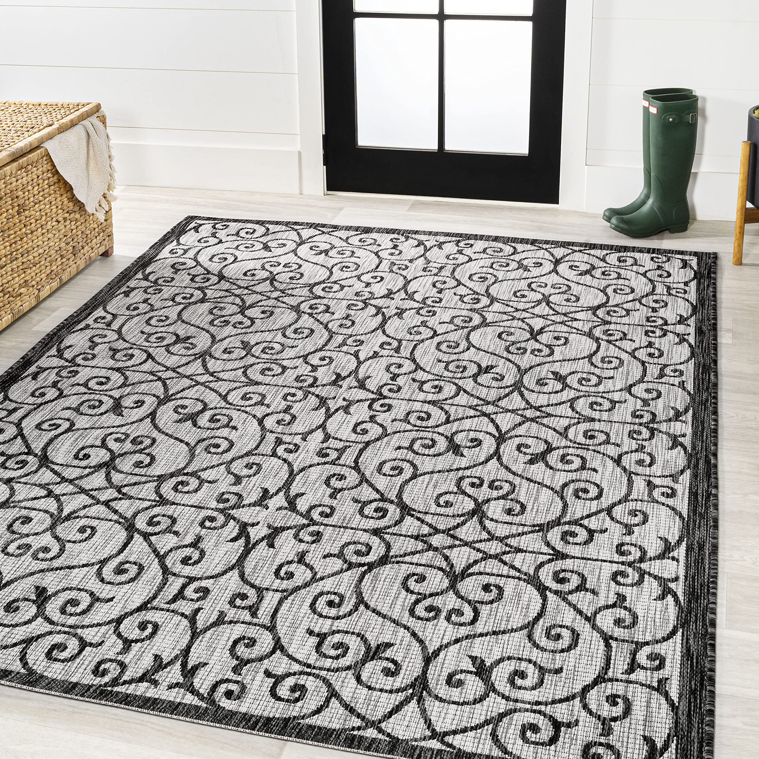 JONATHAN Y SMB107E-14 Madrid Vintage Filigree Textured Weave Light Gray/Black 10 ft. x 14 ft. Indoor/Outdoor Area Rug, Pet Frien