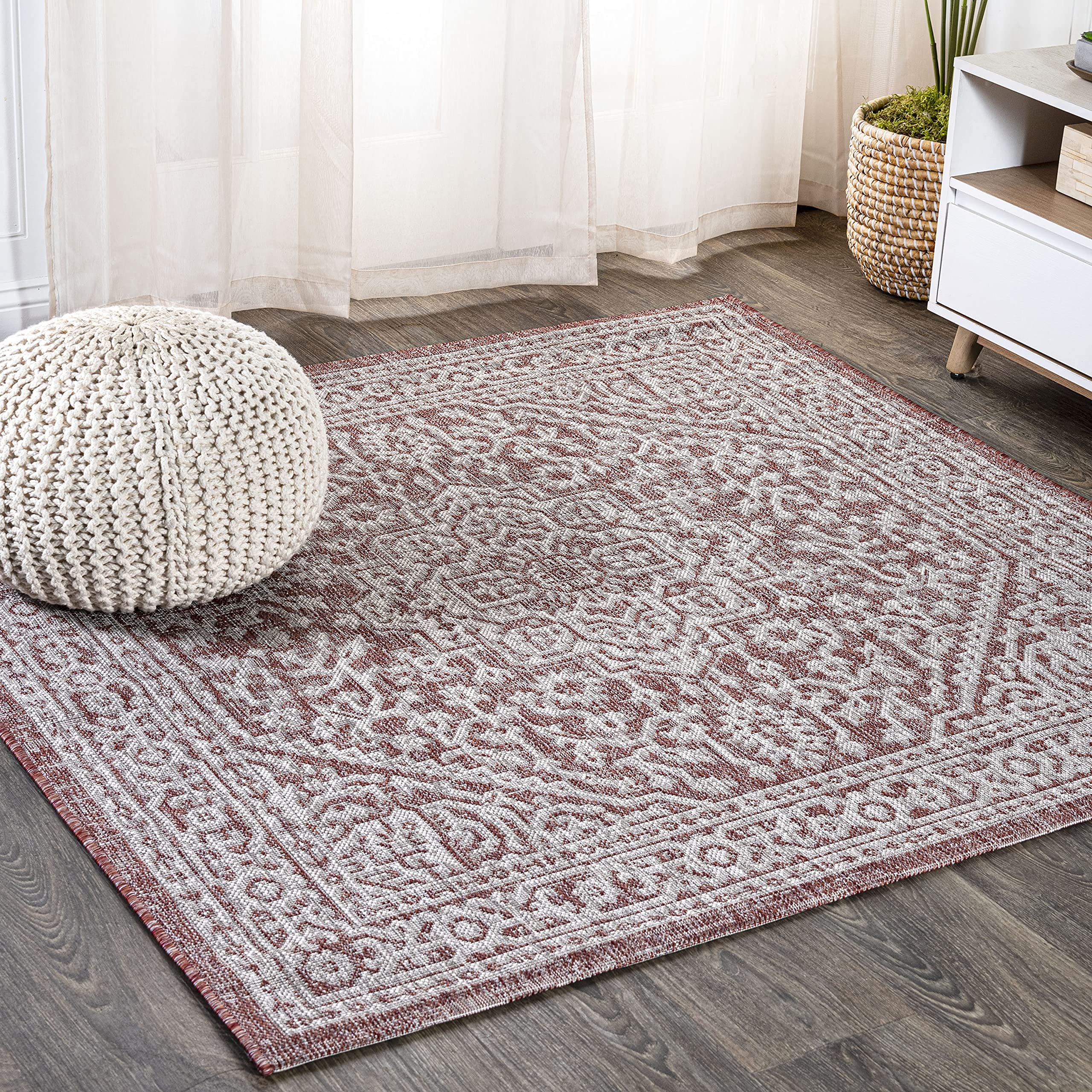 JONATHAN Y SMB101A-9SQ Sinjuri Medallion Textured Weave Red/Taupe 9 Square Indoor/Outdoor Area Rug, Pet Friendly, Non-Shedding,
