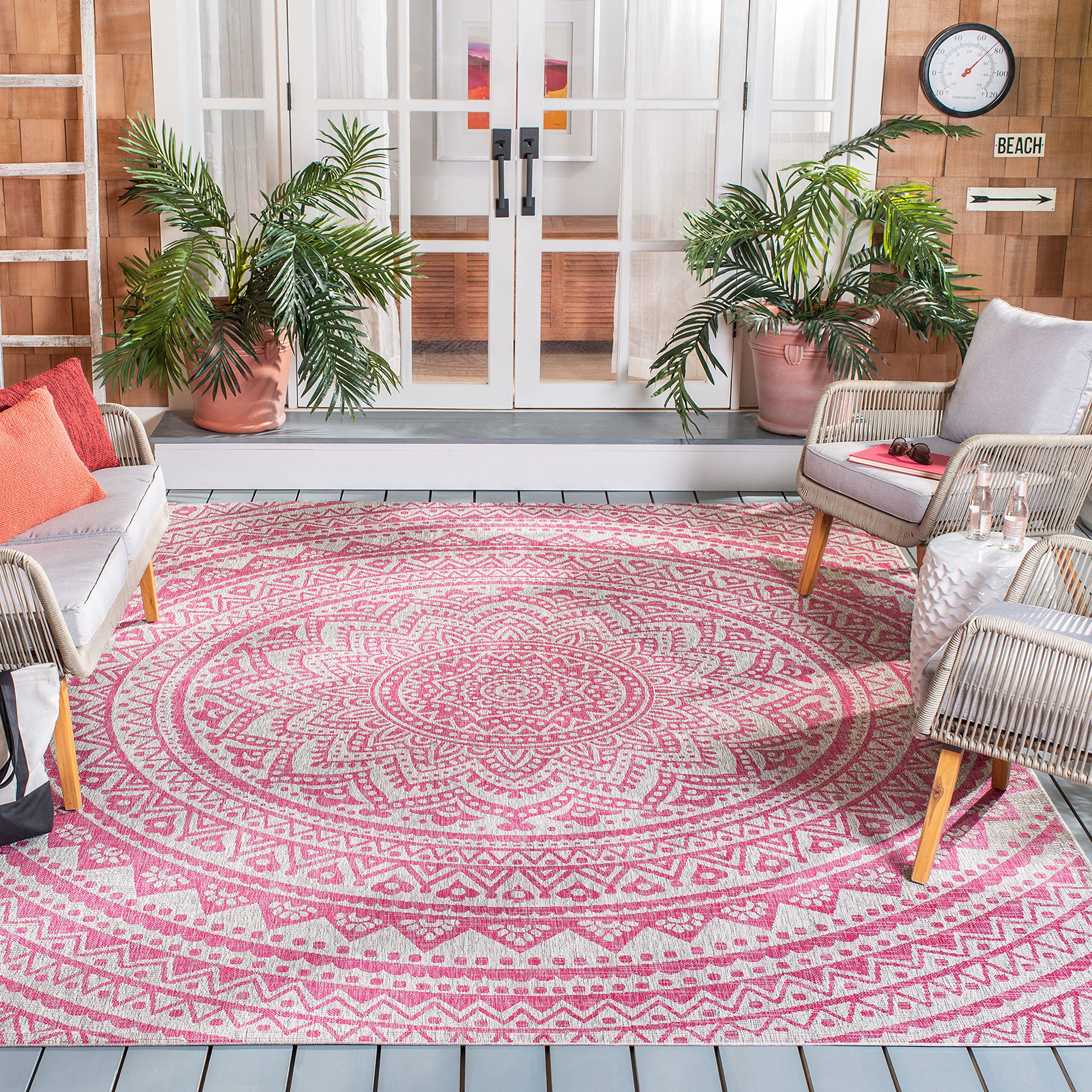 SAFAVIEH Courtyard Collection 80.4 x 80.4 Light Grey/Fuchsia CY8734 Indoor/ Outdoor Waterproof Easy Cleaning Patio Backyard Mudr