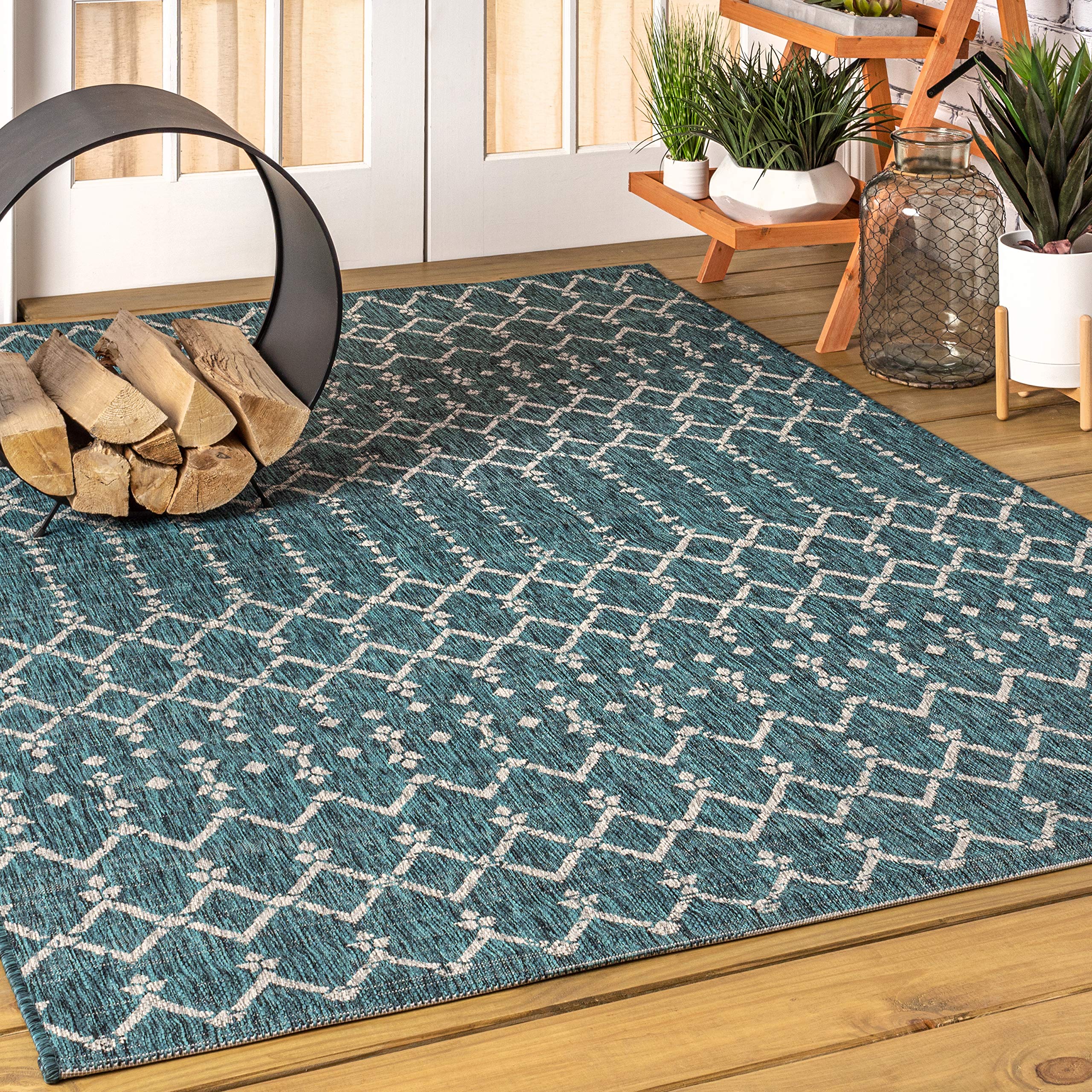 JONATHAN Y SMB108C-14 Ourika Moroccan Geometric Textured Weave Teal/Gray 10 ft. x 14 ft. Indoor/Outdoor Area Rug, Pet Friendly, 