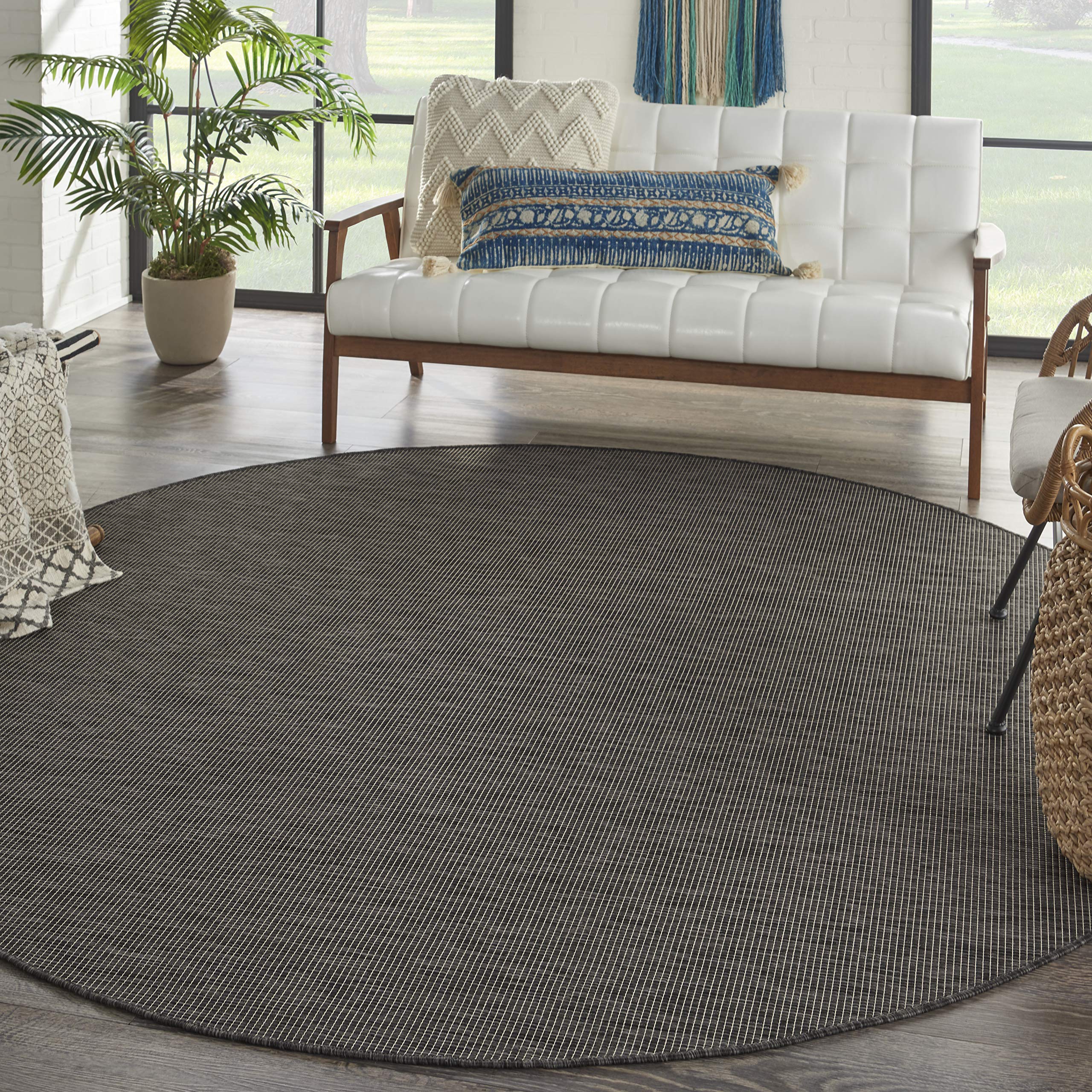 Nourison Positano Indoor/Outdoor Charcoal 8 x Round Area Rug, Easy Cleaning, Non Shedding, Bed Room, Living Room, Dining Room, 
