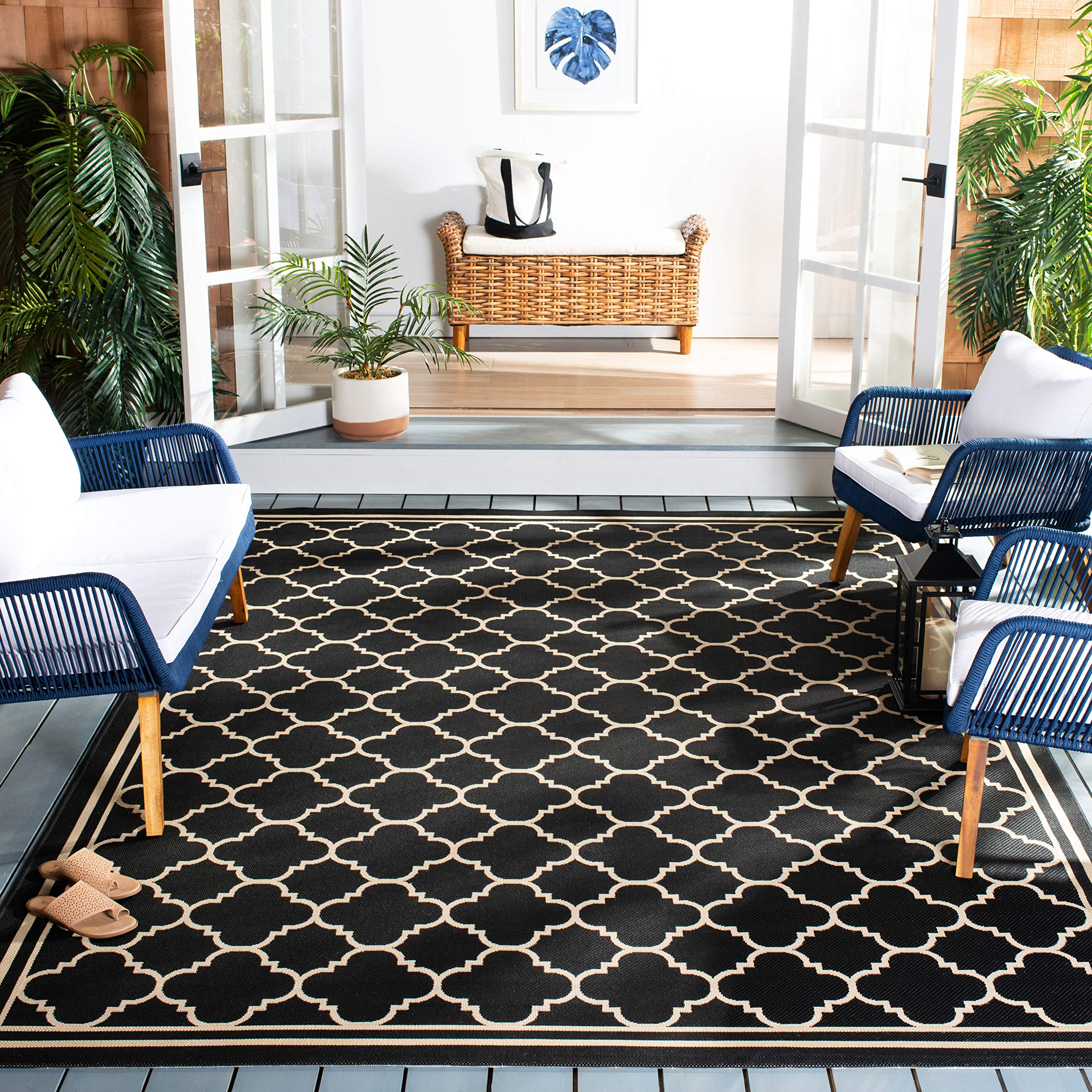 SAFAVIEH Courtyard Collection 8 x 10 Black/Beige CY6918 Trellis Indoor-Outdoor Waterproof Easy-Cleaning Patio Backyard Mudroom