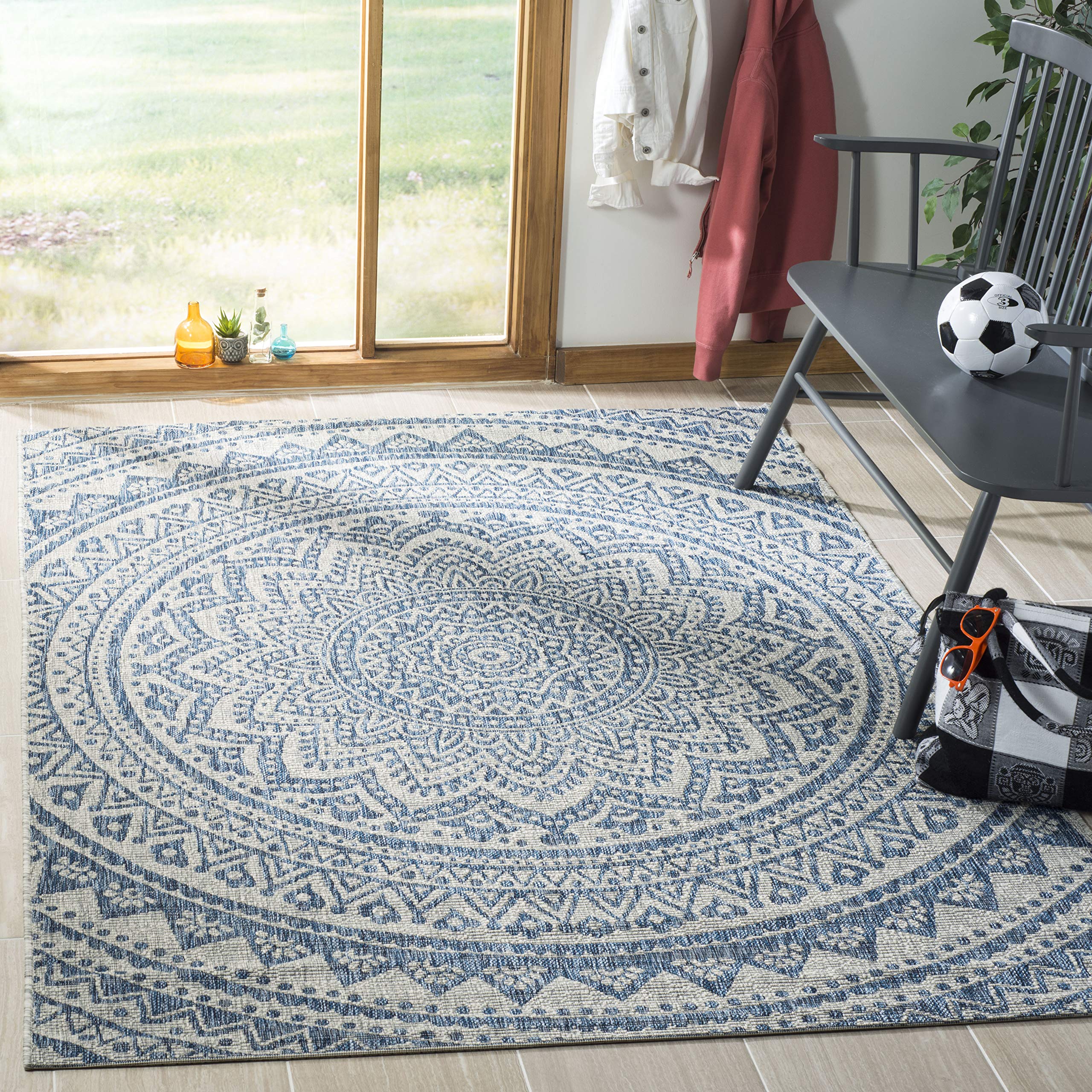 SAFAVIEH Courtyard Collection 53 Square Light Grey/Blue CY8734 Indoor/ Outdoor Waterproof Easy Cleaning Patio Backyard Mudroom 