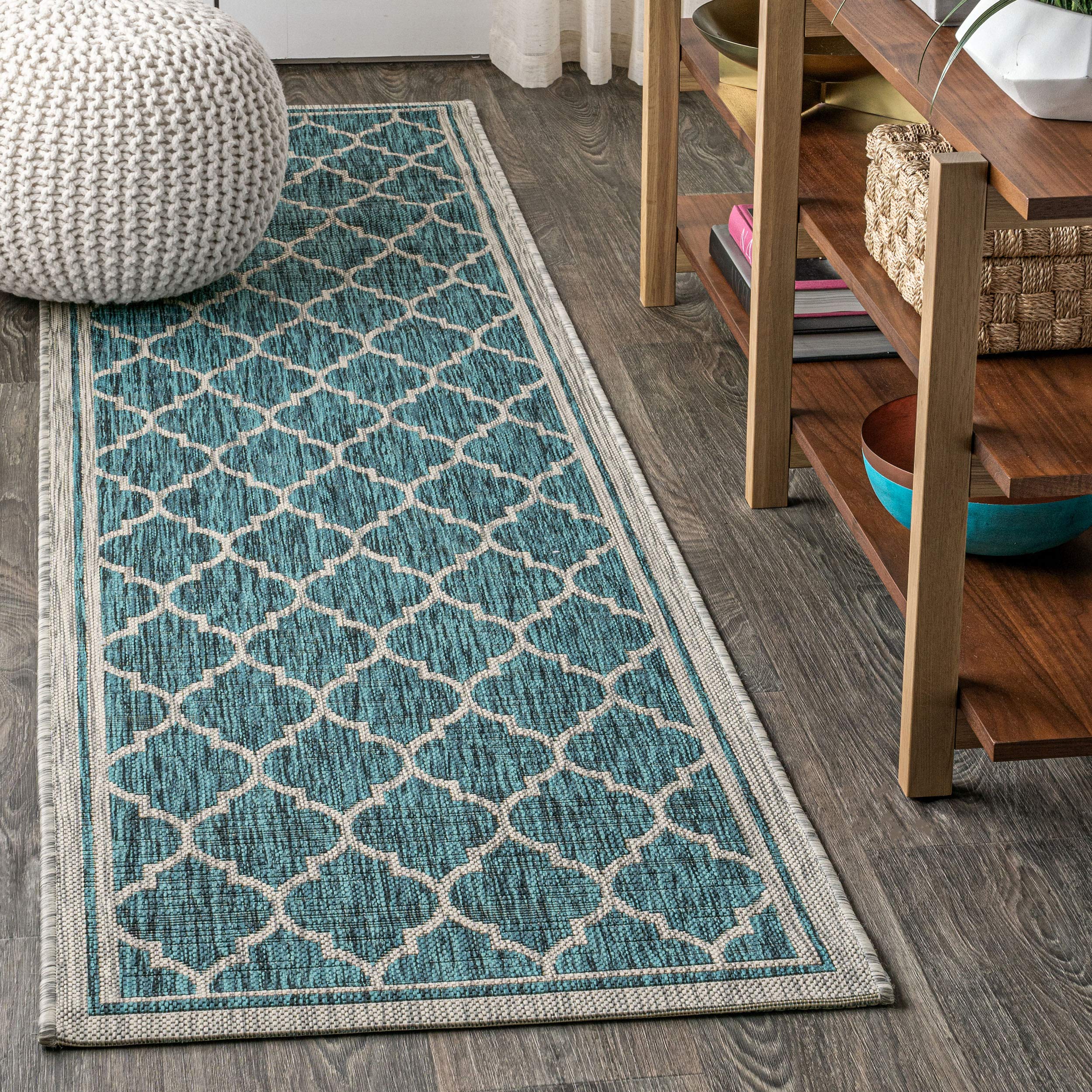 JONATHAN Y Moroccan Trellis Indoor Outdoor Runner Rug 2X10 Teal/Gray, Trebol Textured Weave for Backyard, Patio, Porch, Easy-Cle