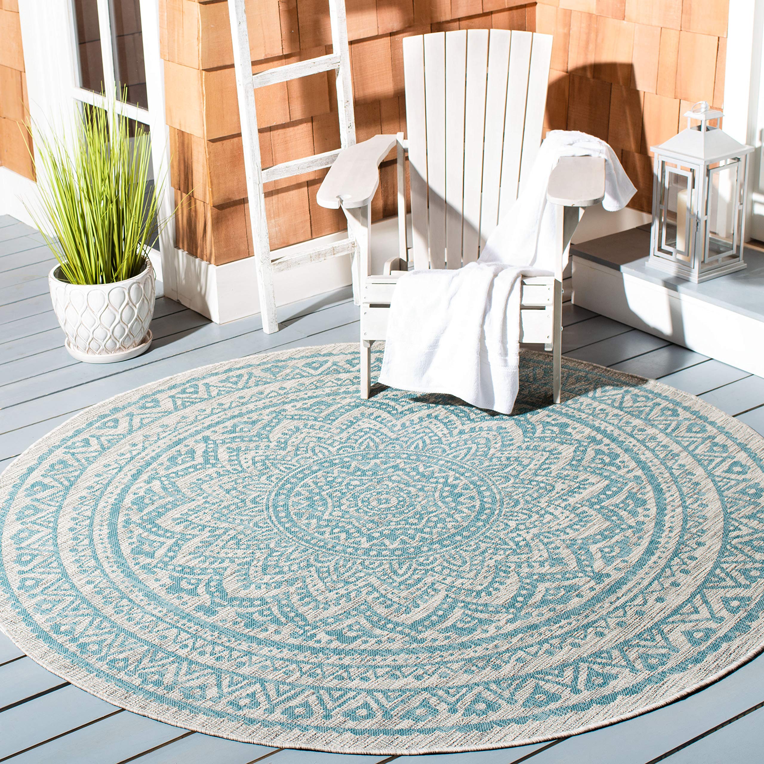 SAFAVIEH Courtyard Collection 9 Round Light Grey / Aqua CY8734 Indoor/ Outdoor Waterproof Easy Cleaning Patio Backyard Mudroom 