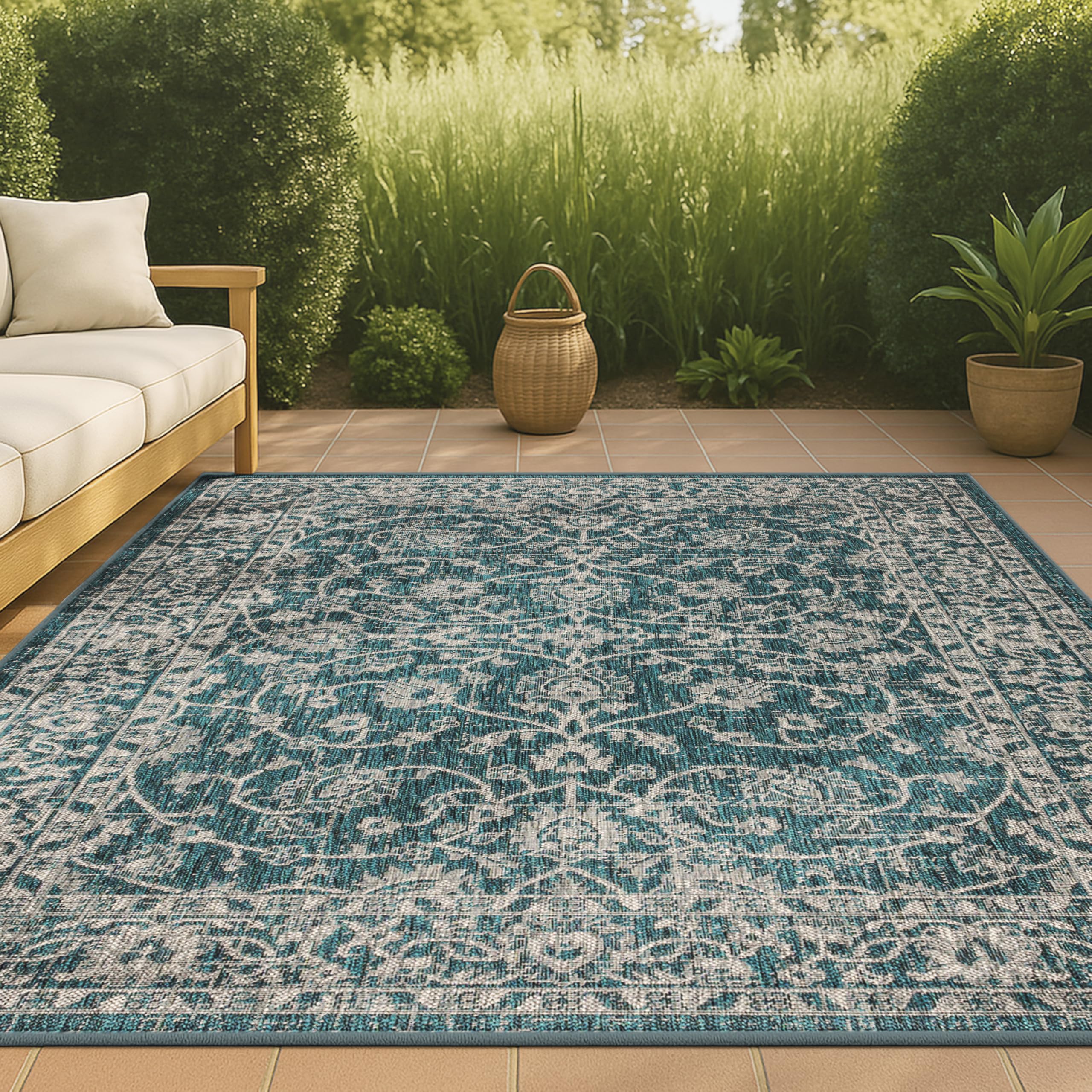 JONATHAN Y Vine and Border Indoor Outdoor Area Rug 3X5 Teal/Gray, Palazzo Textured Weave for Backyard, Patio, Porch, Easy-Cleani