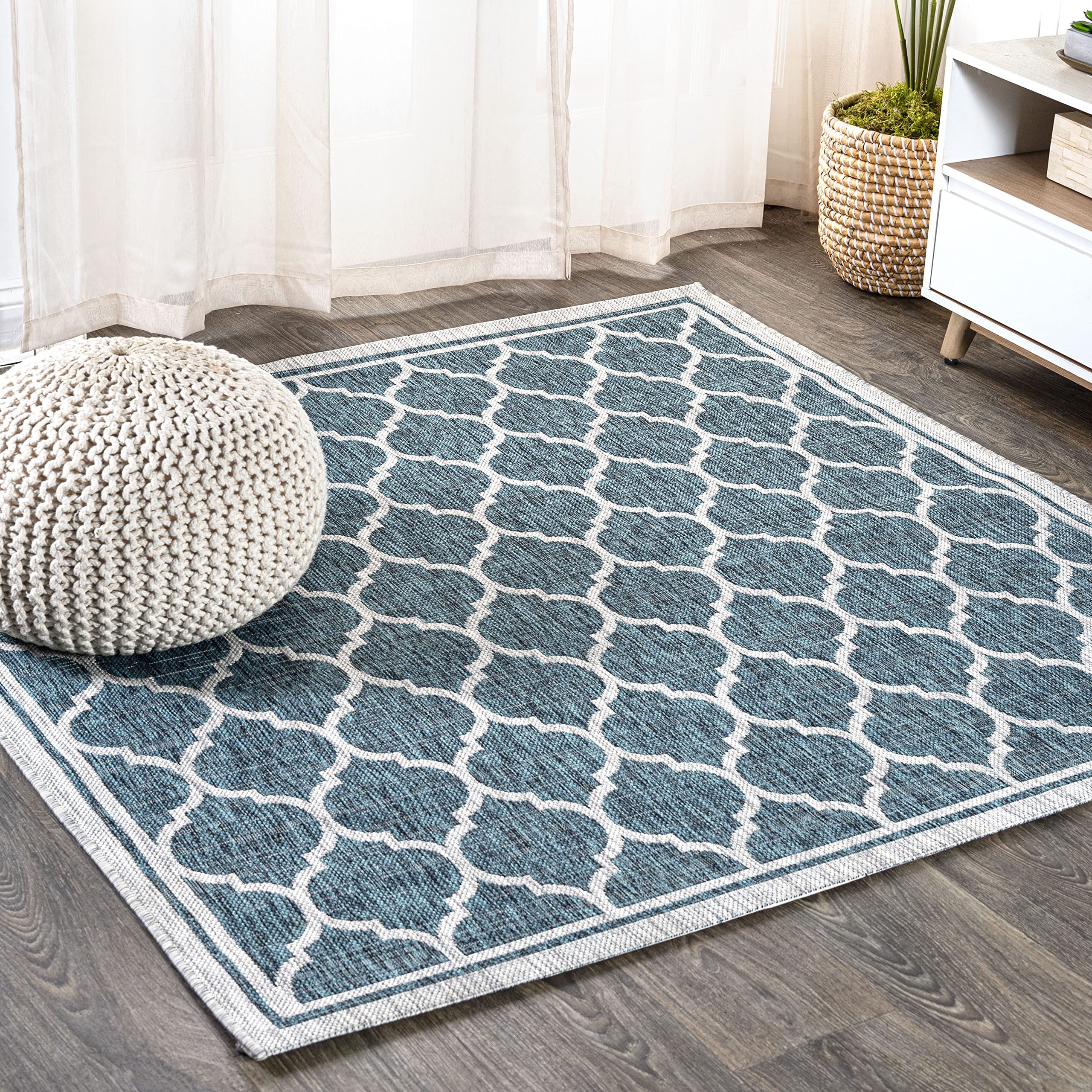 JONATHAN Y SMB109E-8SQ Trebol Moroccan Trellis Textured Weave Teal/Gray 8 Square Indoor/Outdoor Area Rug, Pet Friendly, Non-She