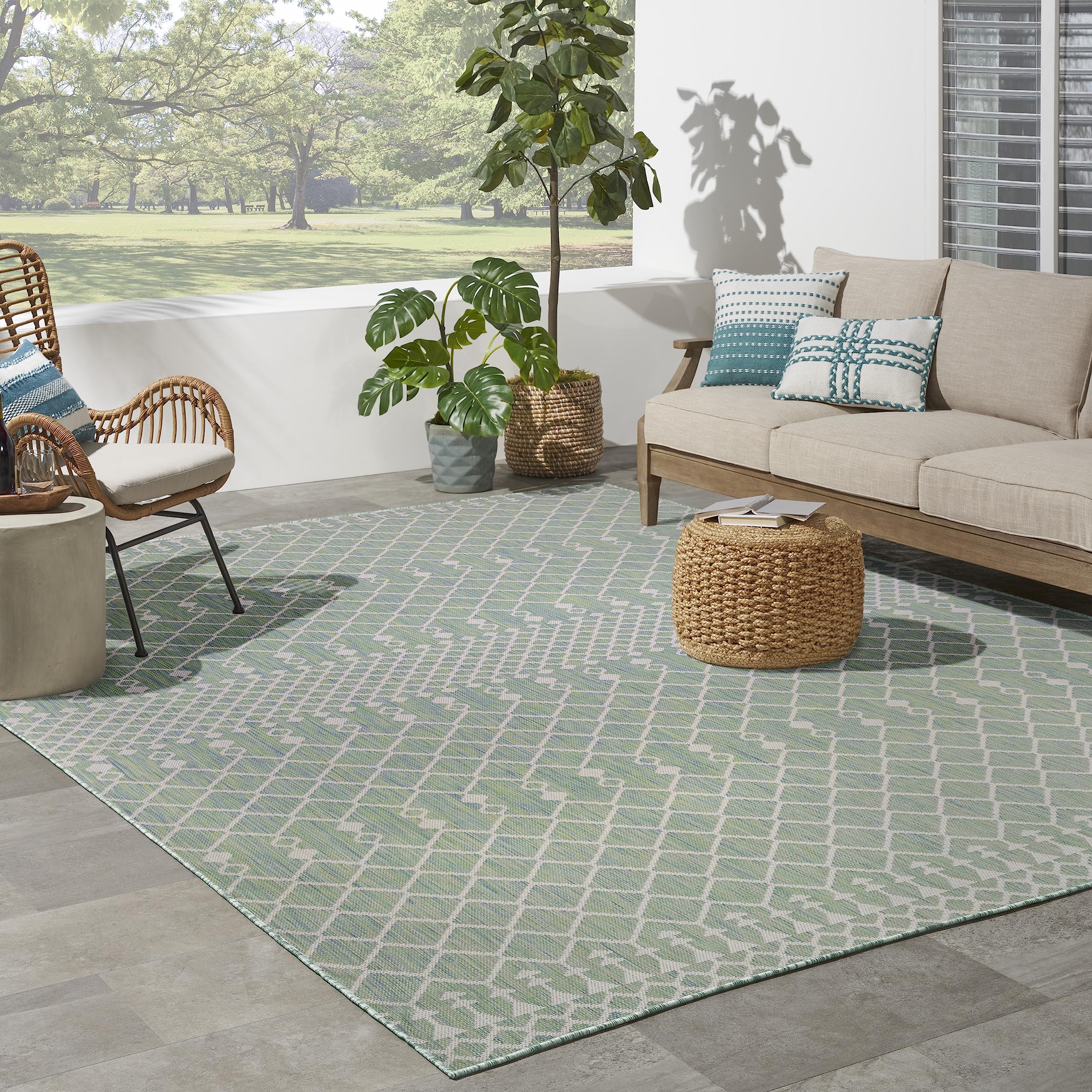 Nourison Positano Indoor/Outdoor Blue Green 8 x 10 Area Rug, Easy Cleaning, Non Shedding, Bed Room, Living Room, Dining Room, 