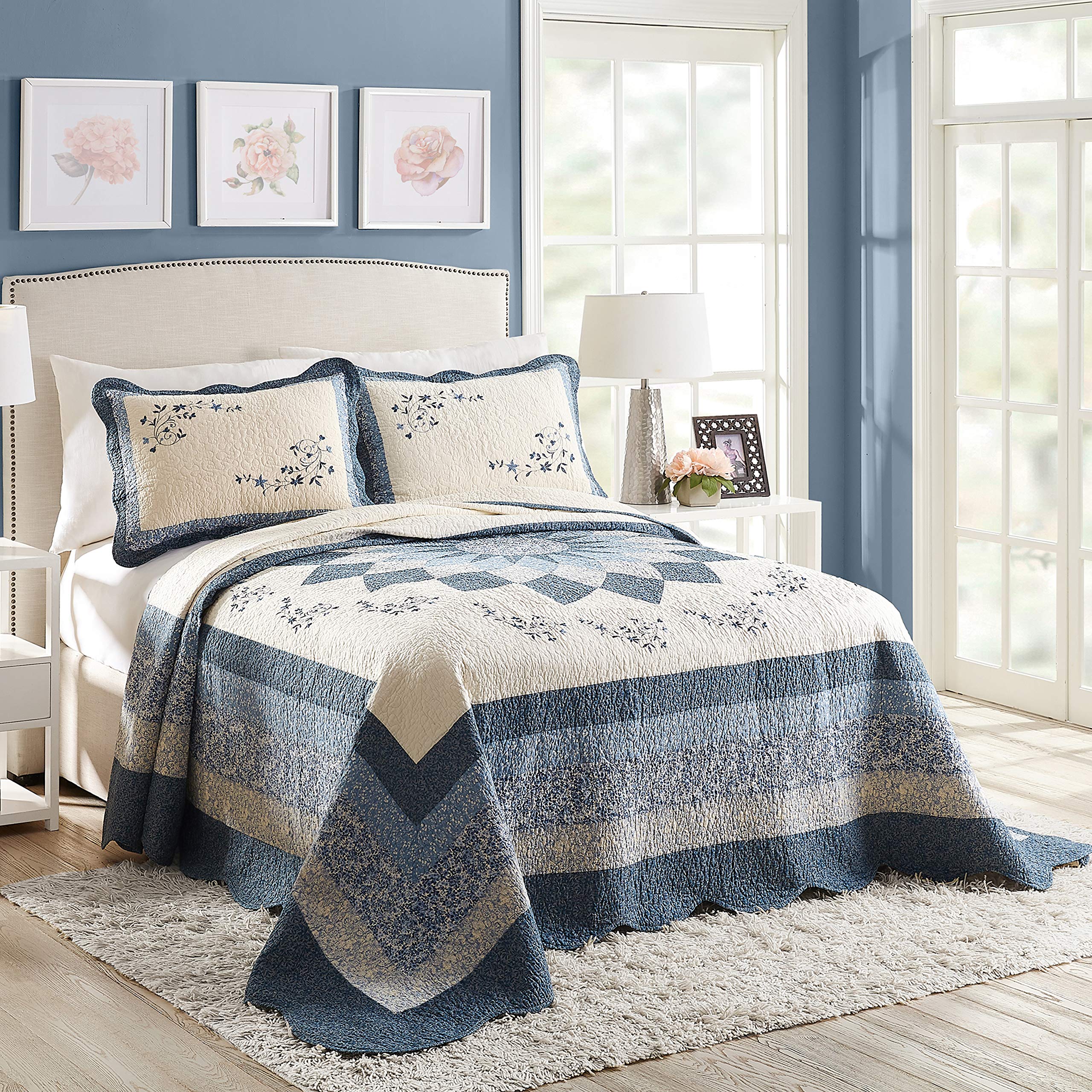 MODERN HEIRLOOM Blue Floral Embroidered Quilted Bedspread - Lightweight Breathable All Seasons Bedding, King Size