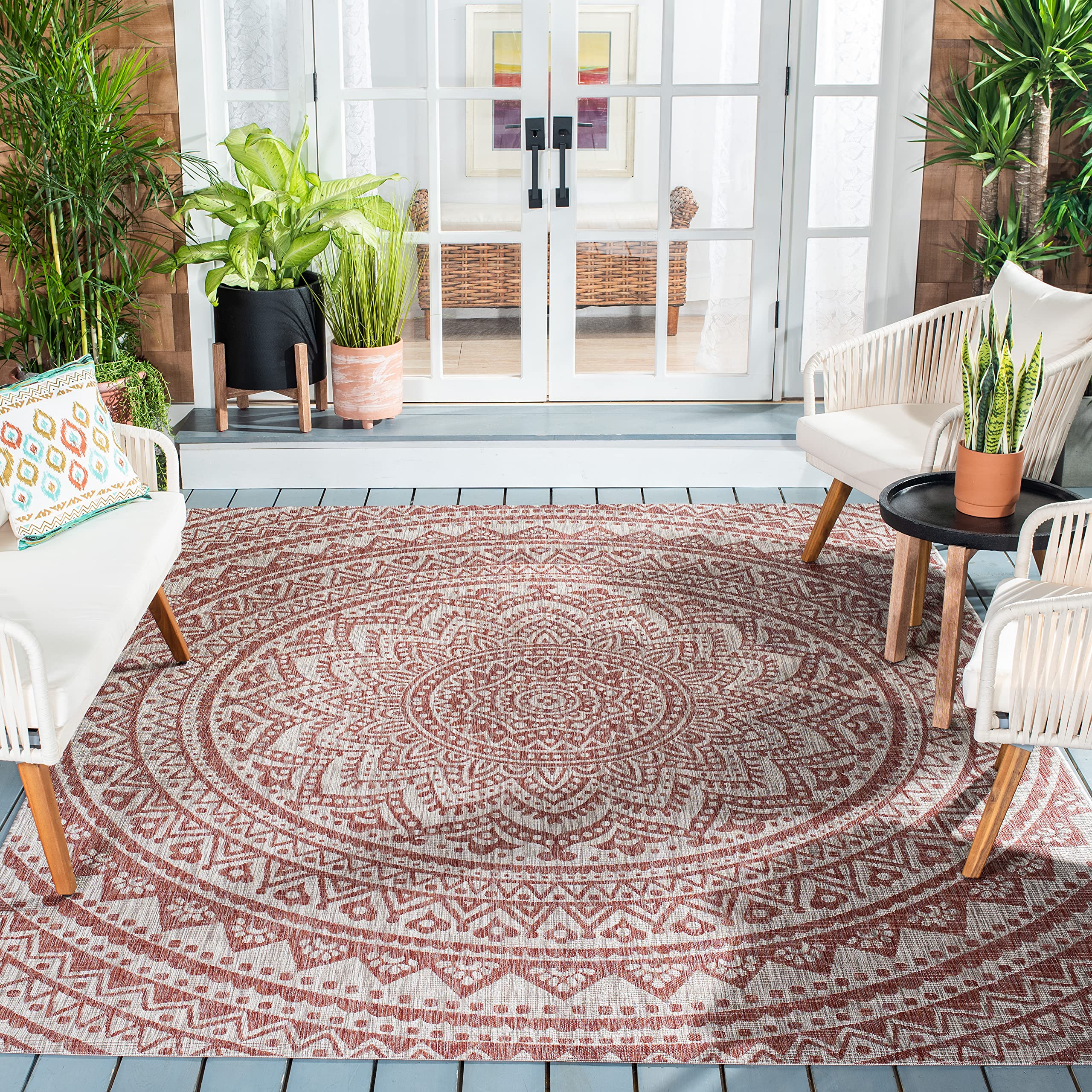 SAFAVIEH Courtyard Collection Area Rug - 9 x 12, Light Beige & Terracotta, Non-Shedding & Easy Care, Indoor/Outdoor & Washable