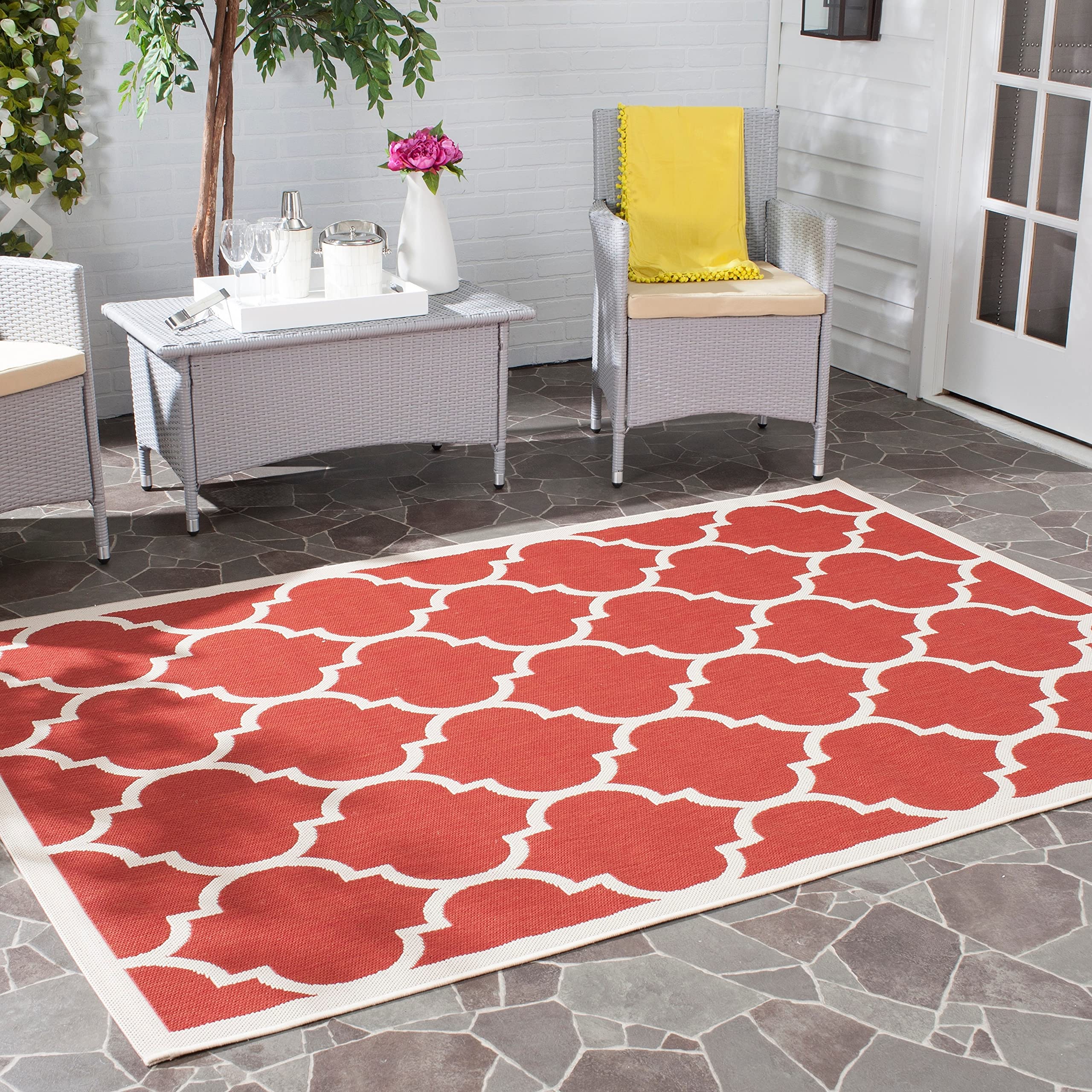 SAFAVIEH Courtyard Collection 67 Square Red/Bone CY6914 Trellis Indoor-Outdoor Waterproof Easy-Cleaning Patio Backyard Mudroom 