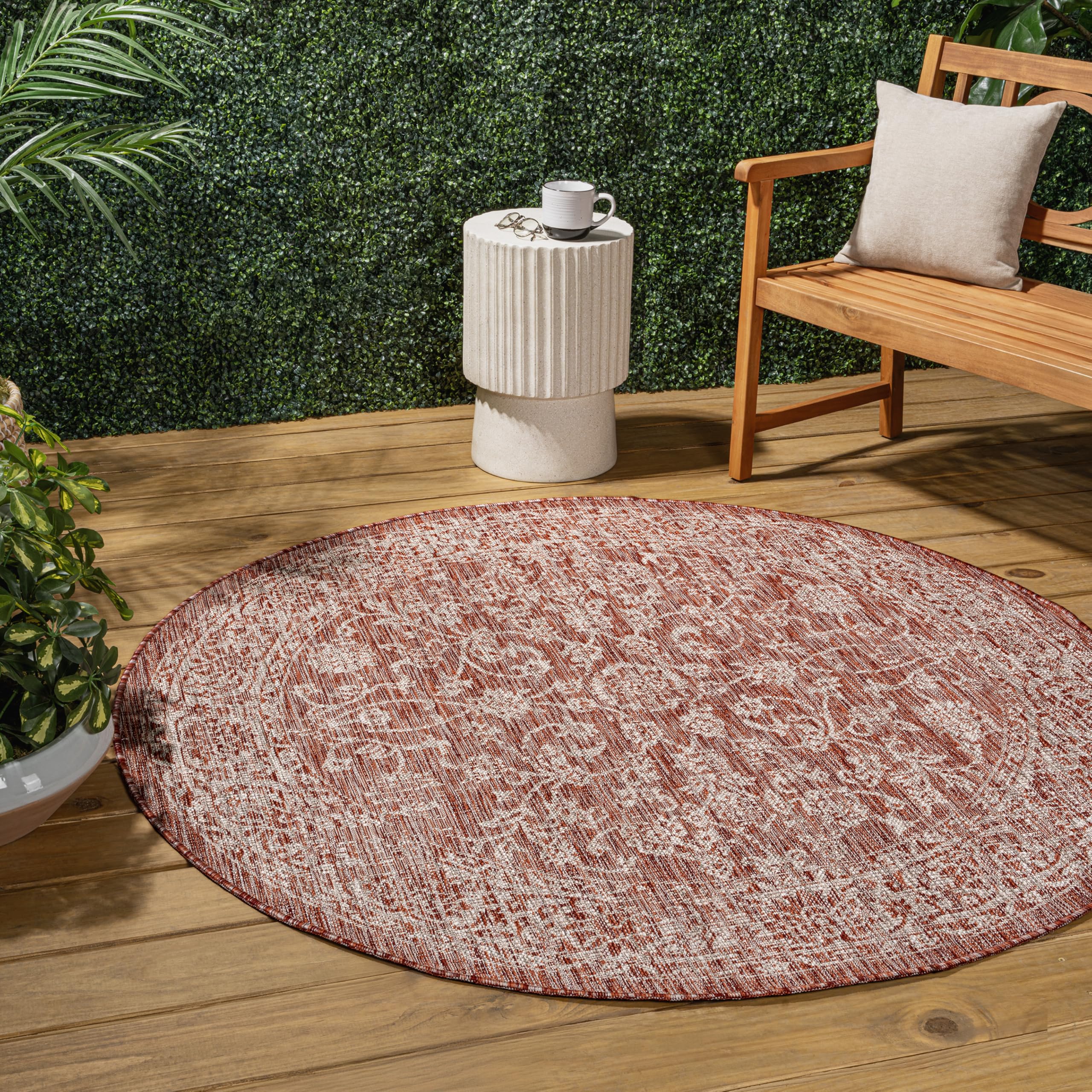 JONATHAN Y SMB100A-8R Tela Bohemian Textured Weave Floral Red/Taupe 8 Round Indoor/Outdoor Area Rug, Pet Friendly, Non-Shedding
