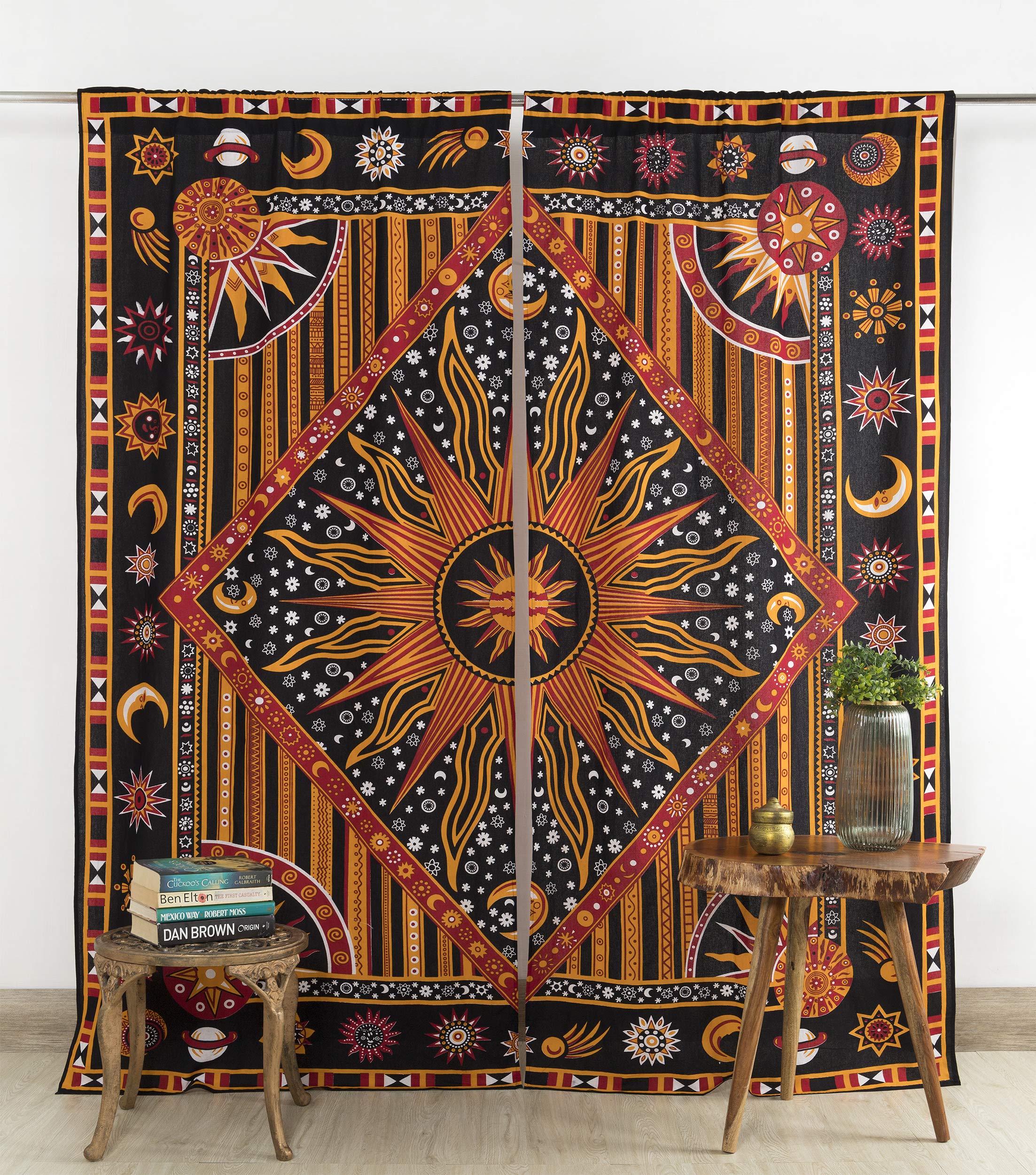 Popular Handicrafts Indian Burning Sun Hippie Mandala Window Curtains - Gypsy Bohemian Sun Moon Beautiful Drapery Bedroom Living