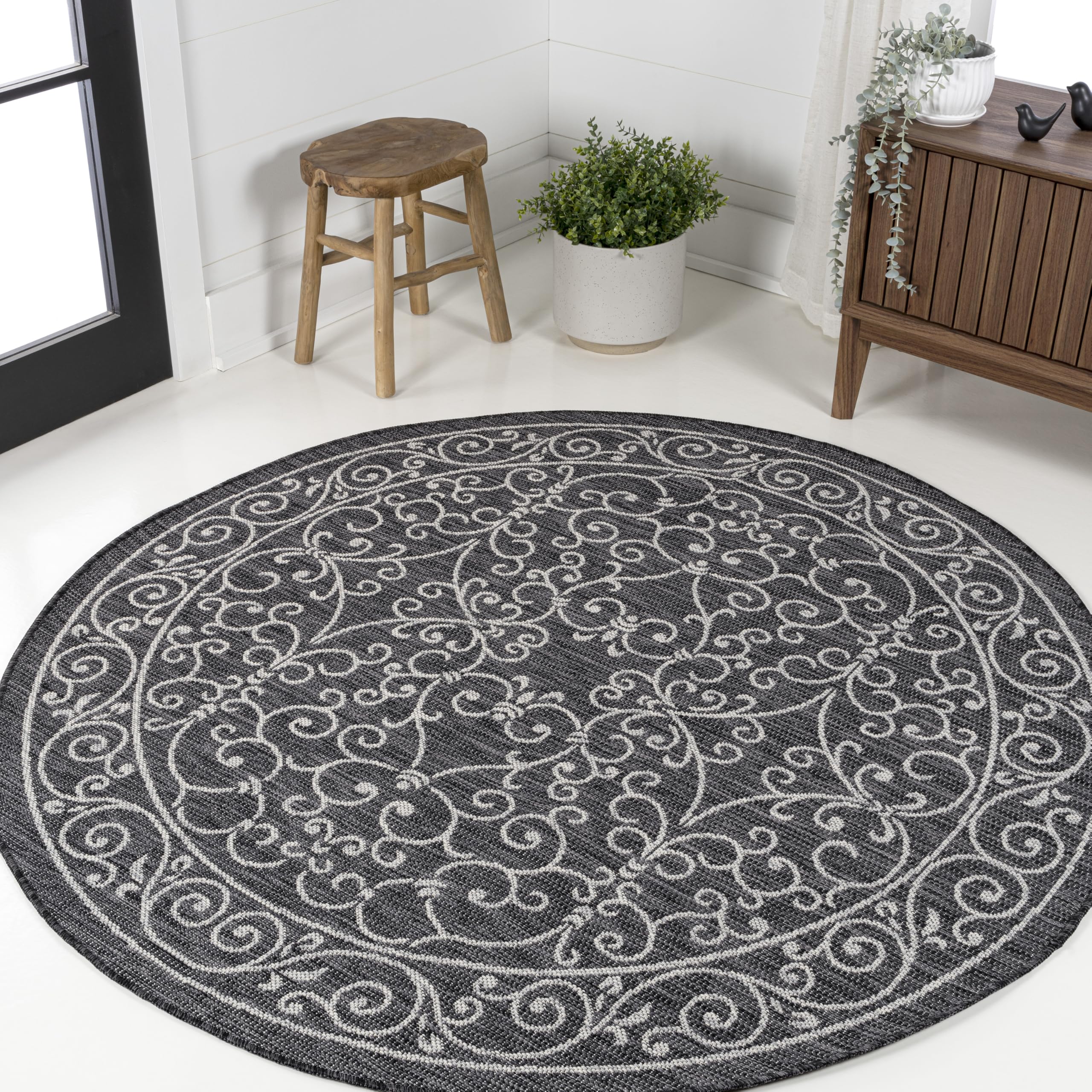 JONATHAN Y SMB106G-8R Charleston Vintage Filigree Textured Weave Black/Gray 8 Round Indoor/Outdoor Area Rug, Pet Friendly, Non-