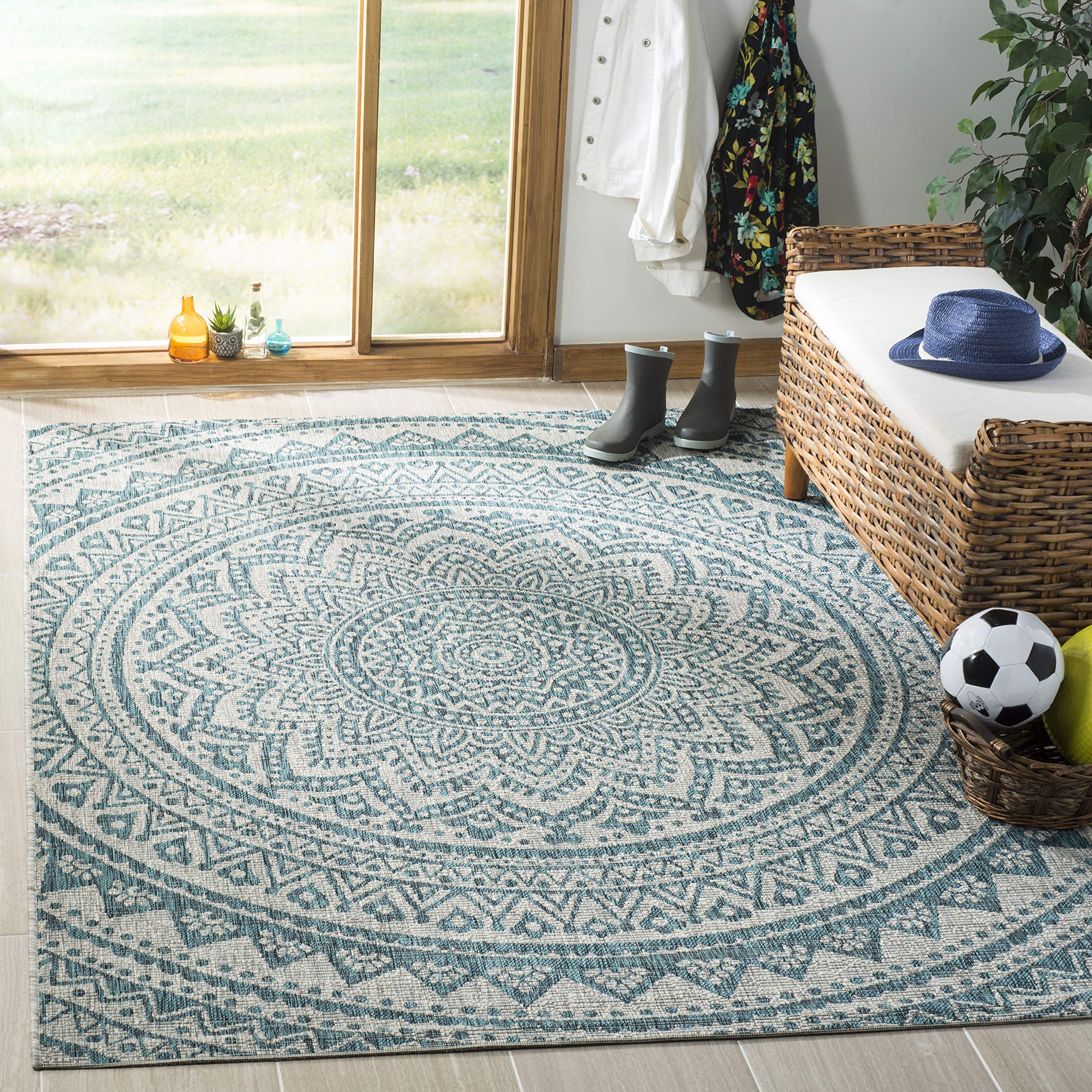 SAFAVIEH Courtyard Collection Area Rug - 3 Square, Light Grey & Teal, Non-Shedding & Easy Care, Indoor/Outdoor & Washable-Ideal