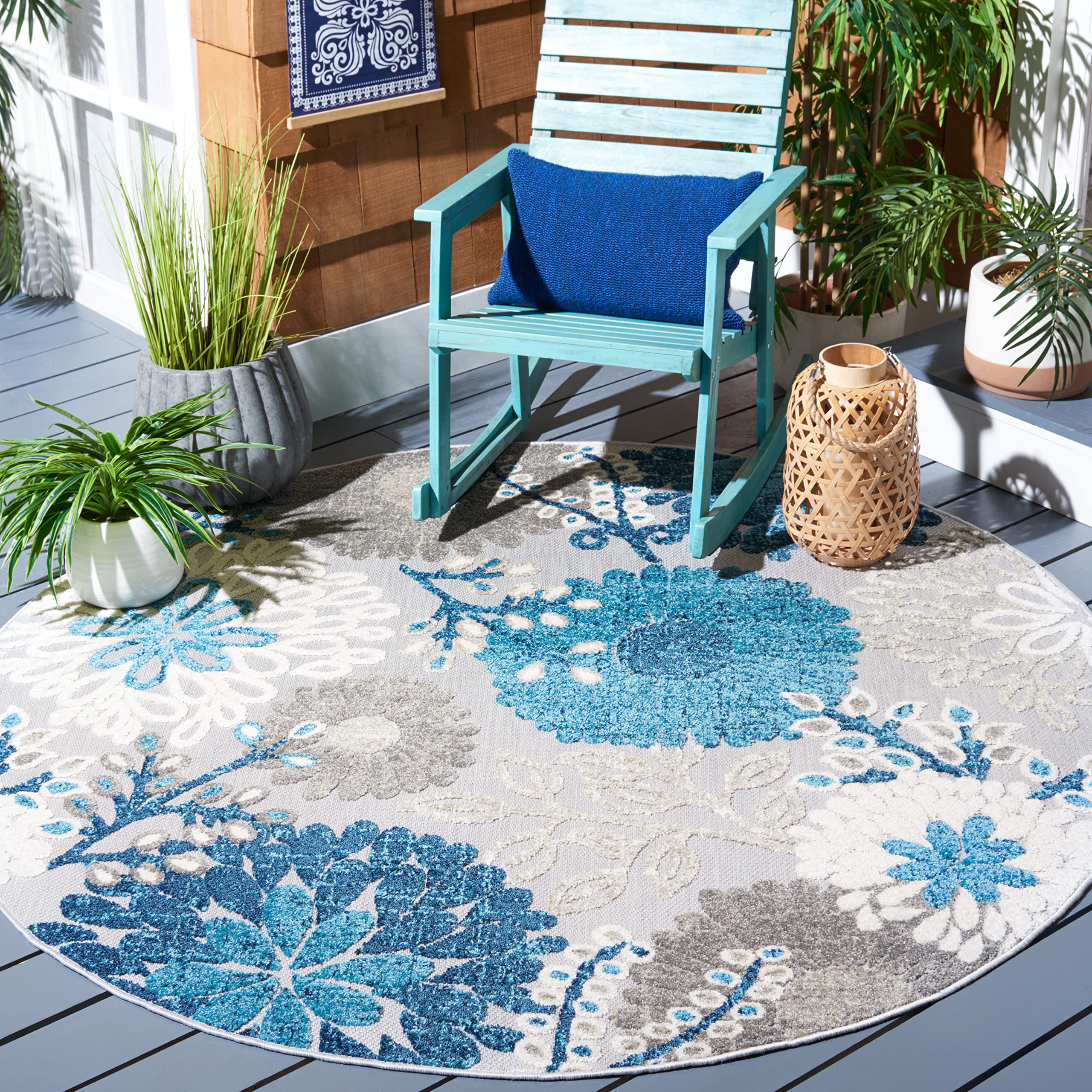 SAFAVIEH Cabana Collection Area Rug - 3 Round, Grey & Blue, Floral Design, Non-Shedding & Easy Care, Indoor/Outdoor & Washable-