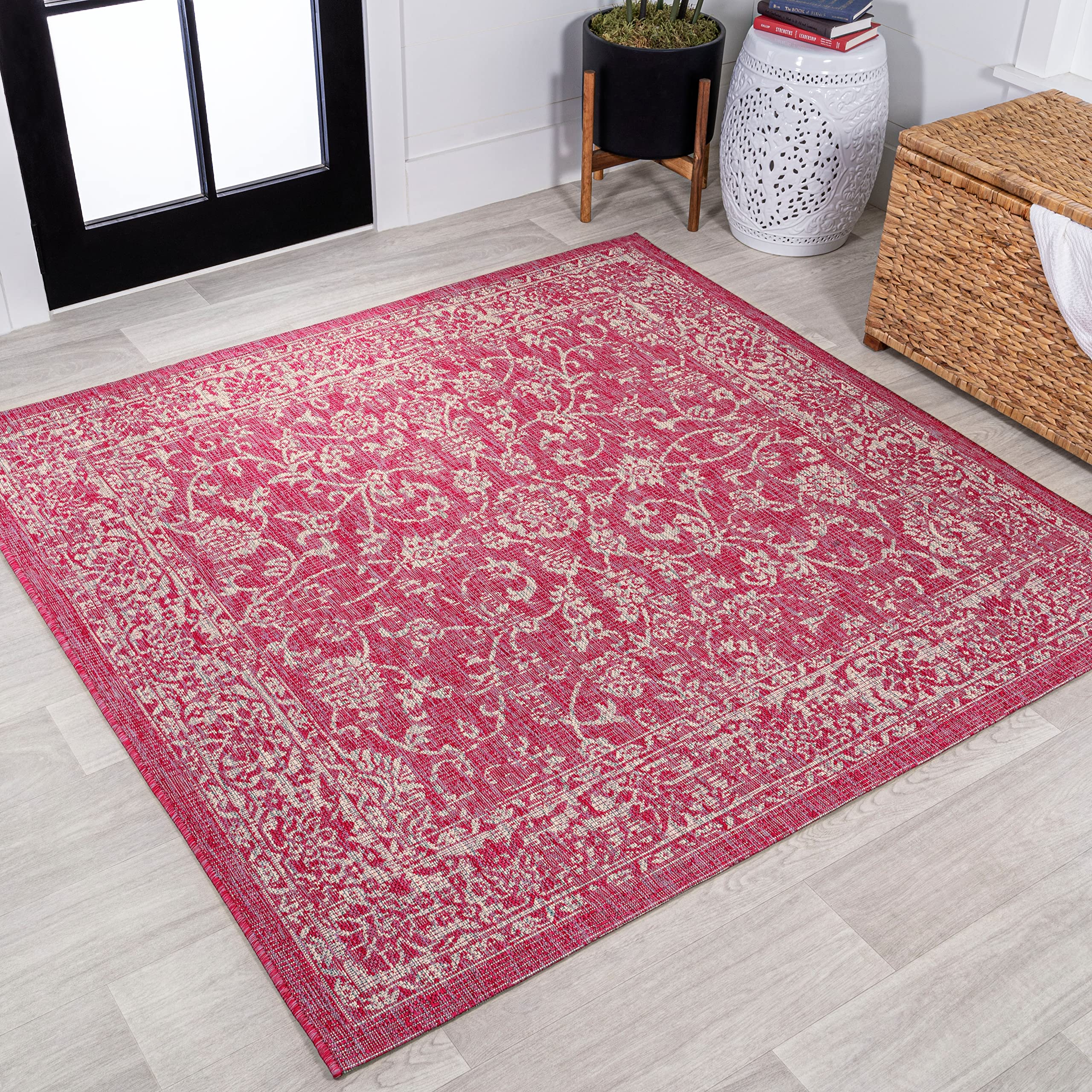 JONATHAN Y SMB100G-5SQ Tela Bohemian Textured Weave Floral Indoor Outdoor Area Rug, Coastal Traditional Transitional Easy Cleani