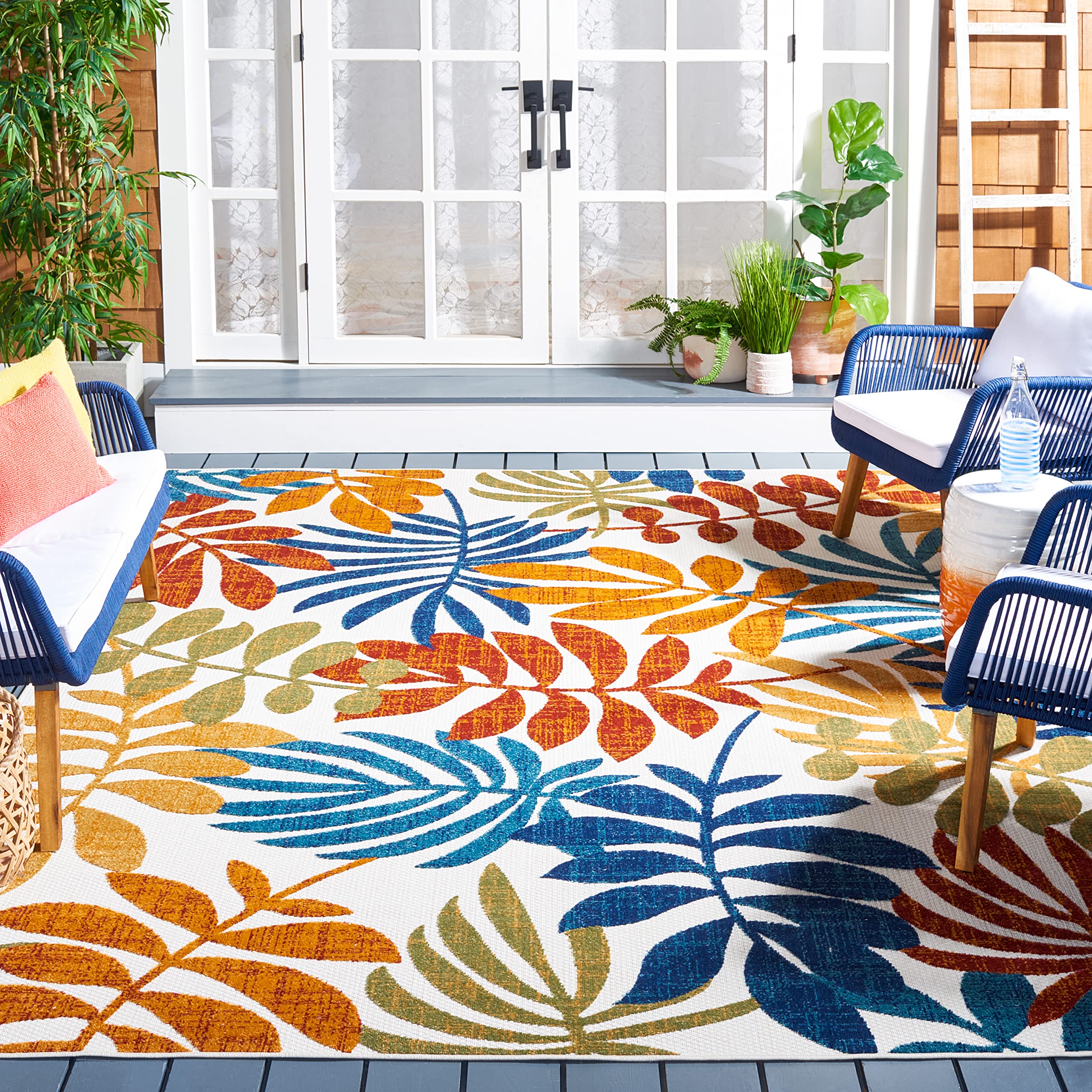 SAFAVIEH Cabana Collection Area Rug - 8 x 10, Creme & Red, Botanical Design, Non-Shedding & Easy Care, Indoor/Outdoor & Washab