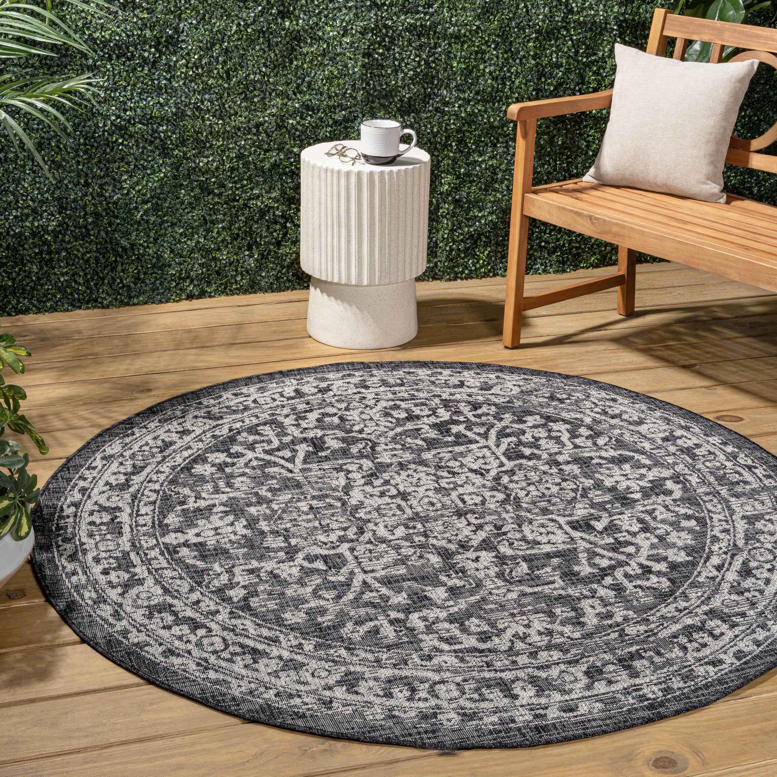 JONATHAN Y SMB104C-8R Malta Bohemian Medallion Textured Weave Black/Gray 8 Round Indoor/Outdoor Area Rug, Pet Friendly, Non-She