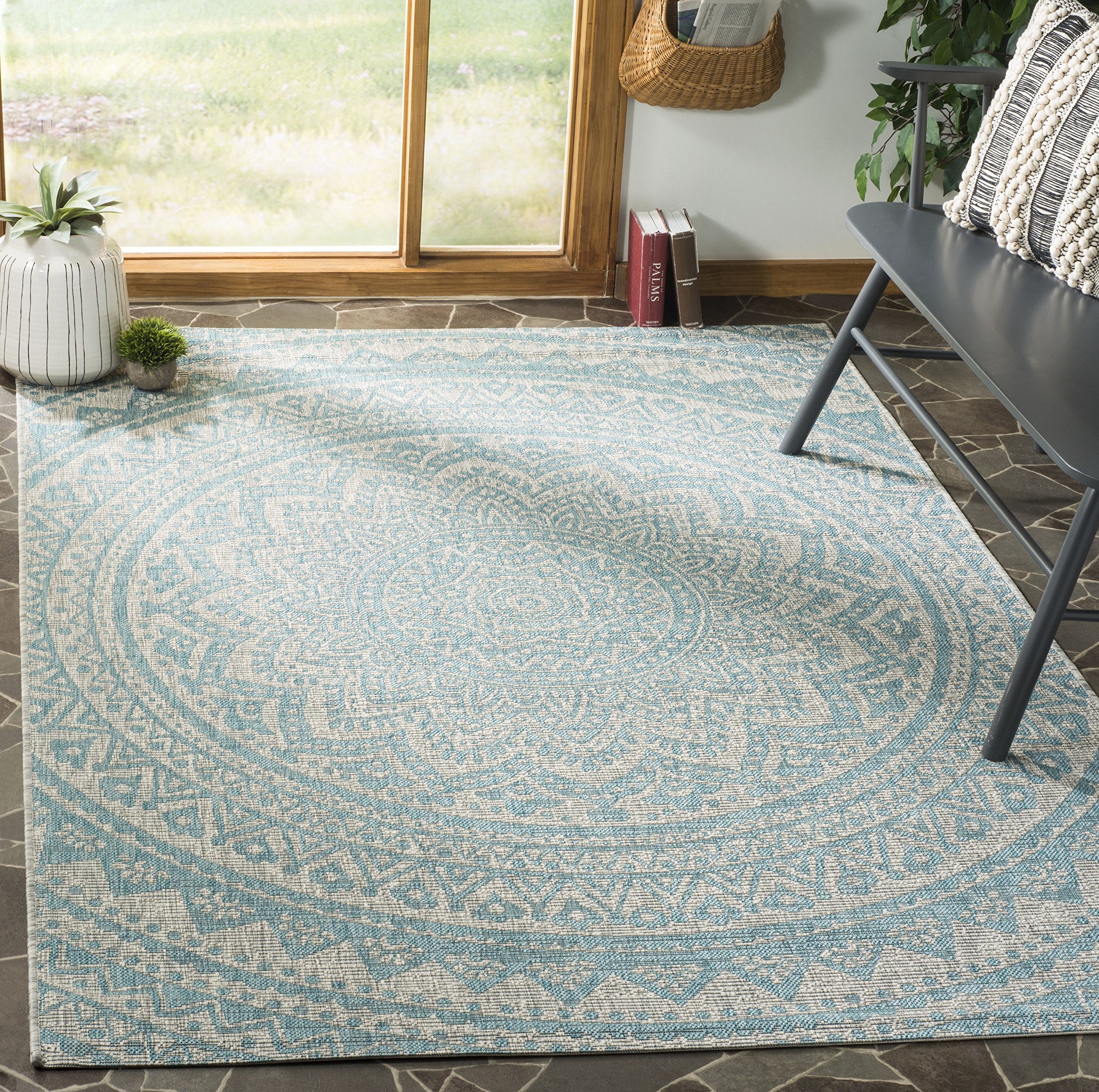 SAFAVIEH Courtyard Collection 53 x 77 Light Grey / Aqua CY8734 Indoor/ Outdoor Waterproof Easy Cleaning Patio Backyard Mudroom