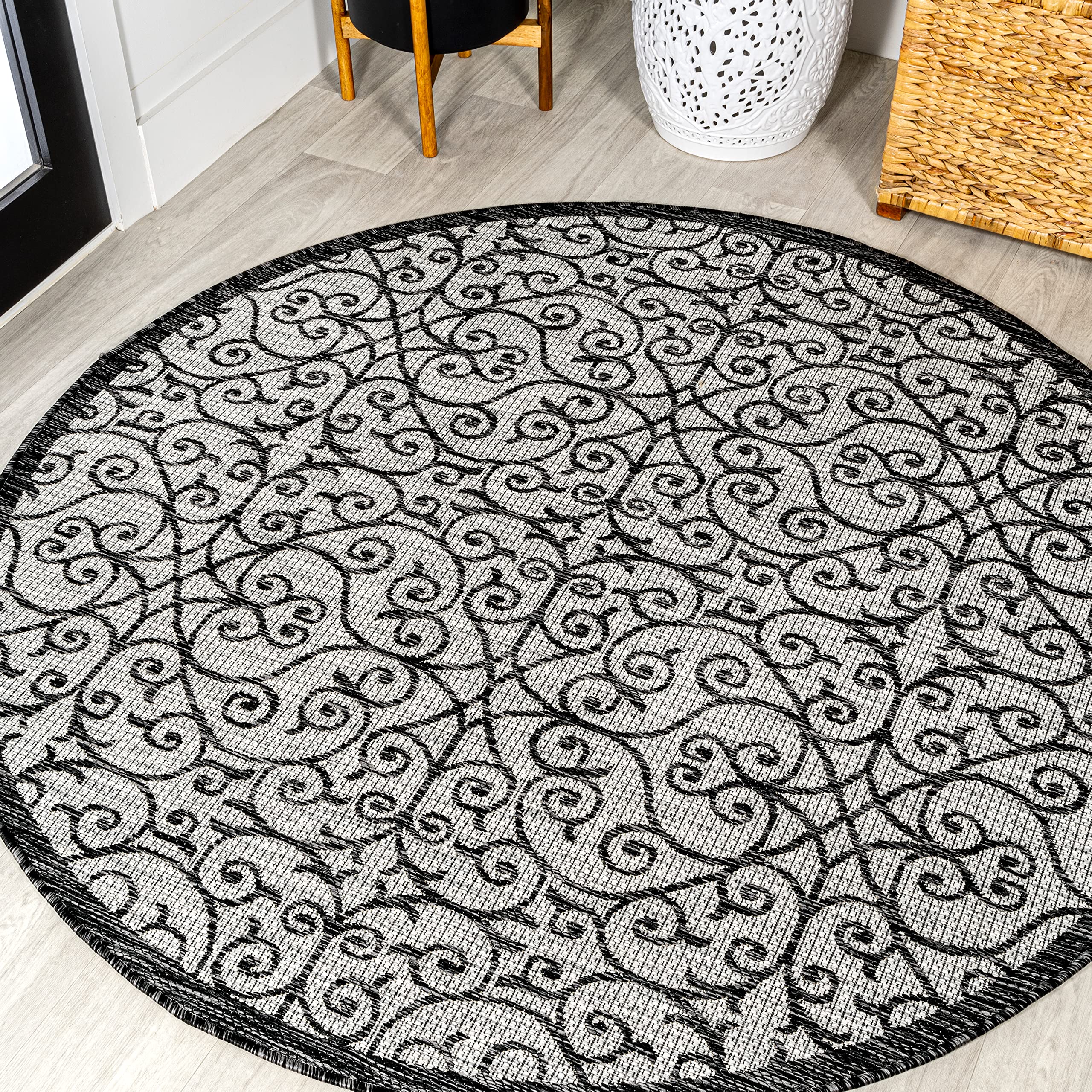 JONATHAN Y SMB107E-8R Madrid Vintage Filigree Textured Weave Light Gray/Black 8 Round Indoor/Outdoor Area Rug, Pet Friendly, No