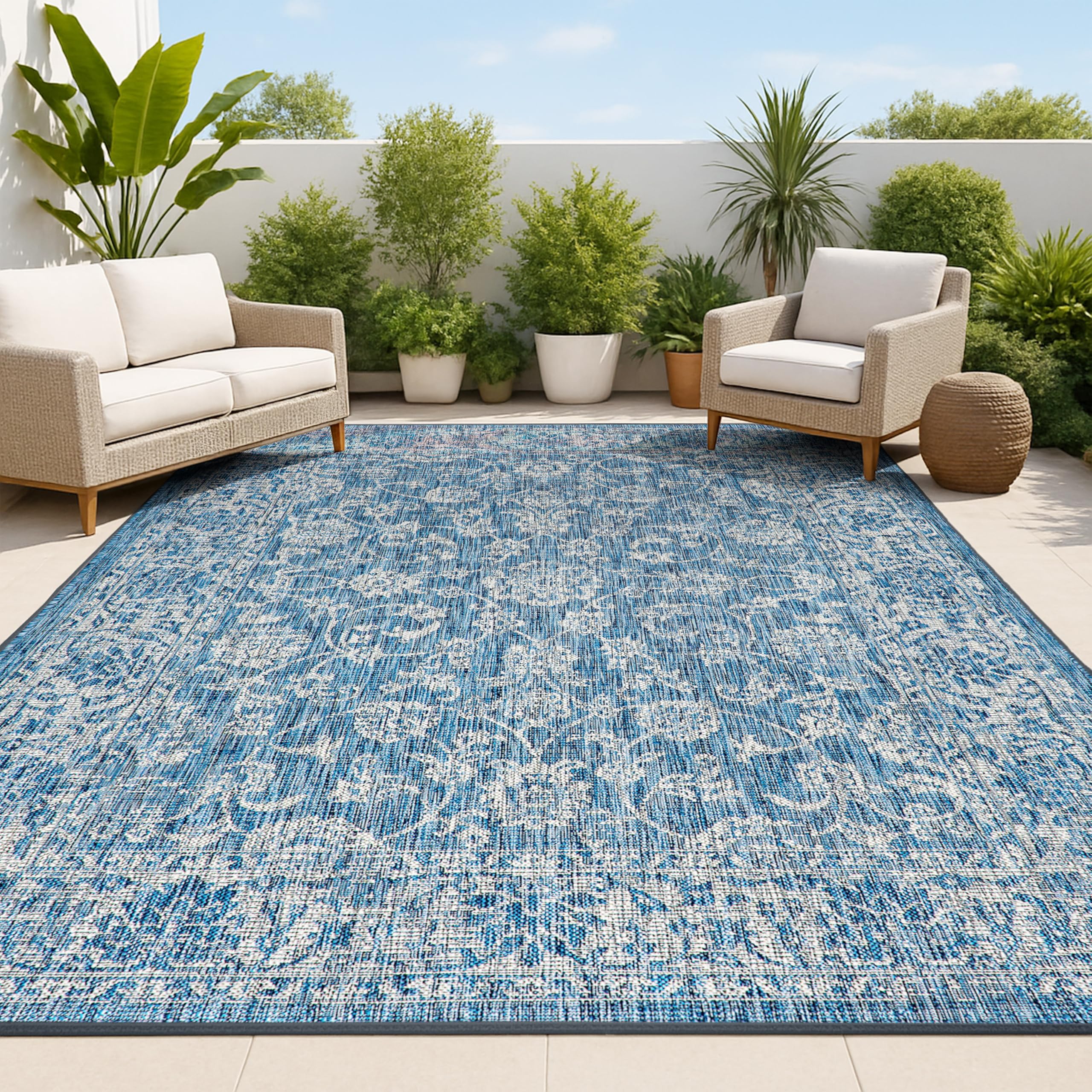 JONATHAN Y Weave Floral Indoor Outdoor Area Rug 8X10 Navy/Gray, Tela Bohemian Textured for Backyard, Patio, Porch, Easy-Cleaning