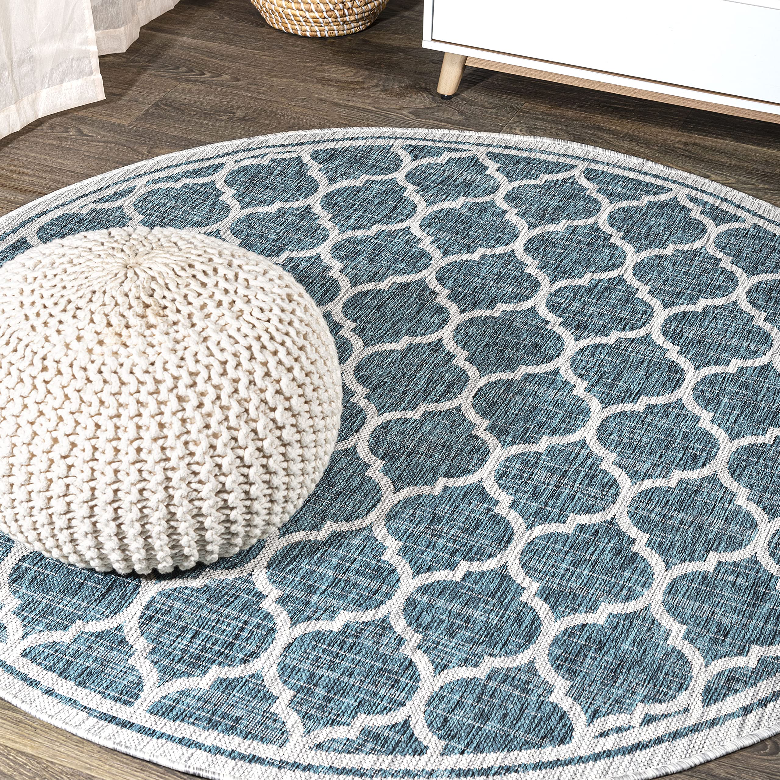 JONATHAN Y SMB109E-6R Trebol Moroccan Trellis Textured Weave Teal/Gray 6 Round Indoor/Outdoor Area Rug, Pet Friendly, Non-Shedd