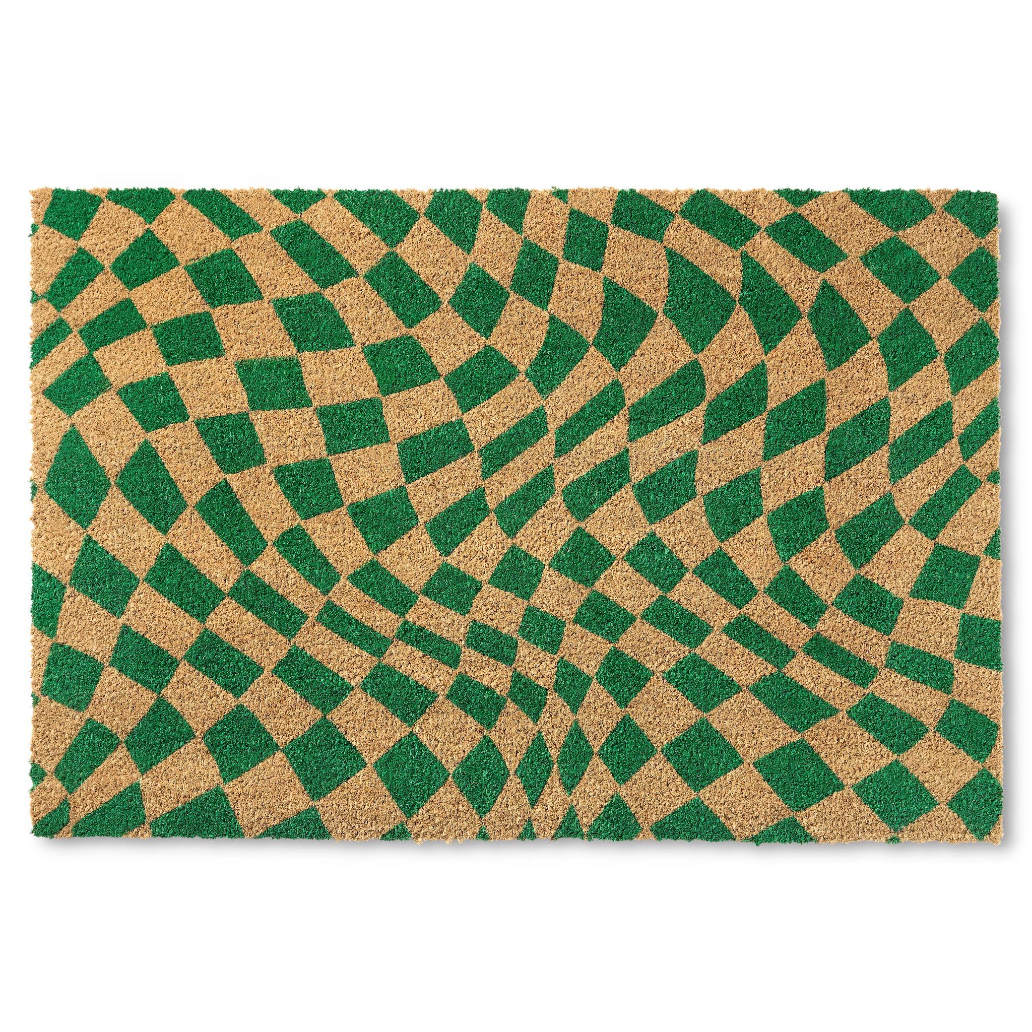 TOWN & COUNTRY TERRA Emmett Groovy Checkerboard Door Mat, Natural Coir, Heavyweight, Non-Slip Entryway Mat, Green, 24x36