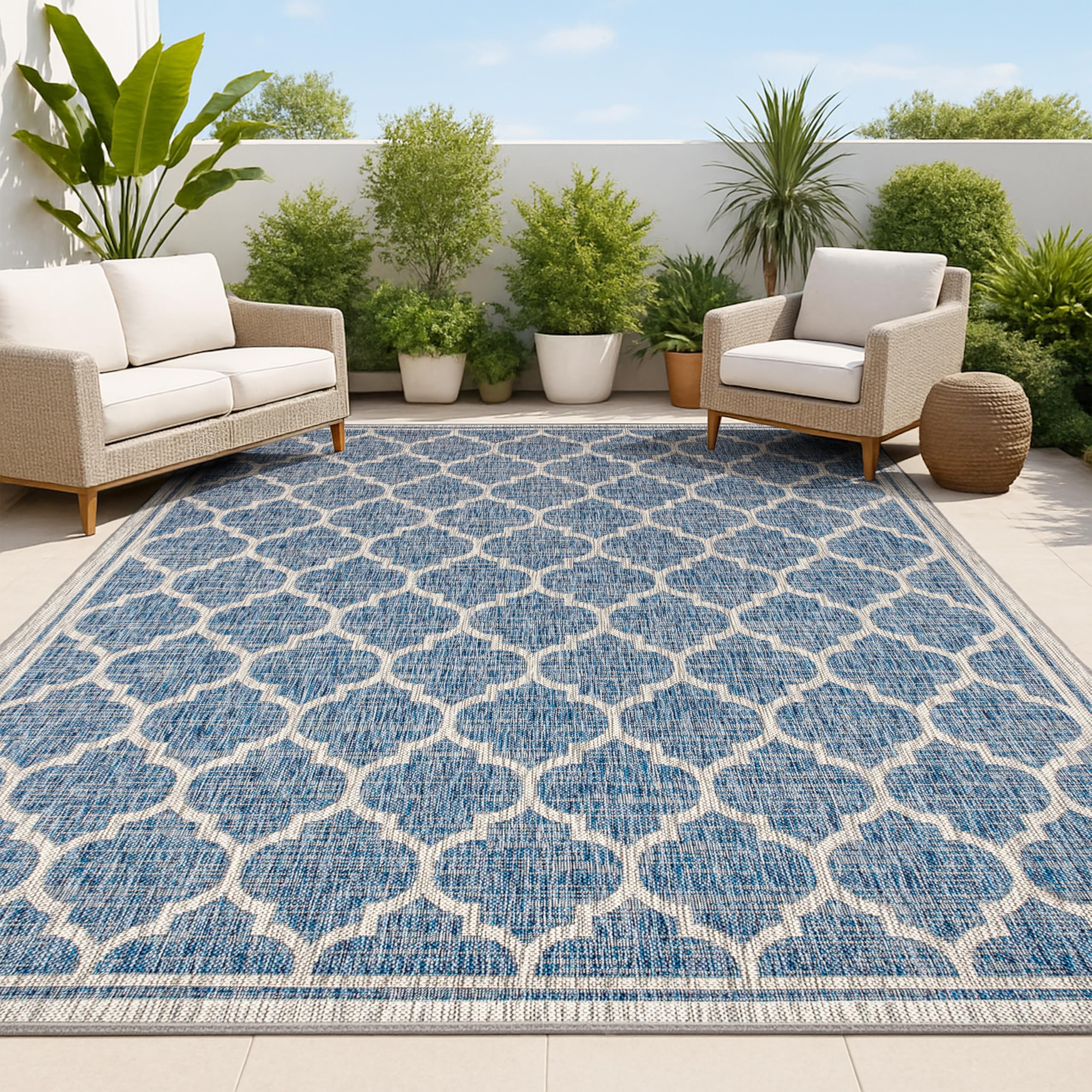 JONATHAN Y Moroccan Trellis Indoor Outdoor Area Rug 5X8 Navy/Gray, Trebol Textured Weave for Backyard, Patio, Porch, Easy-Cleani