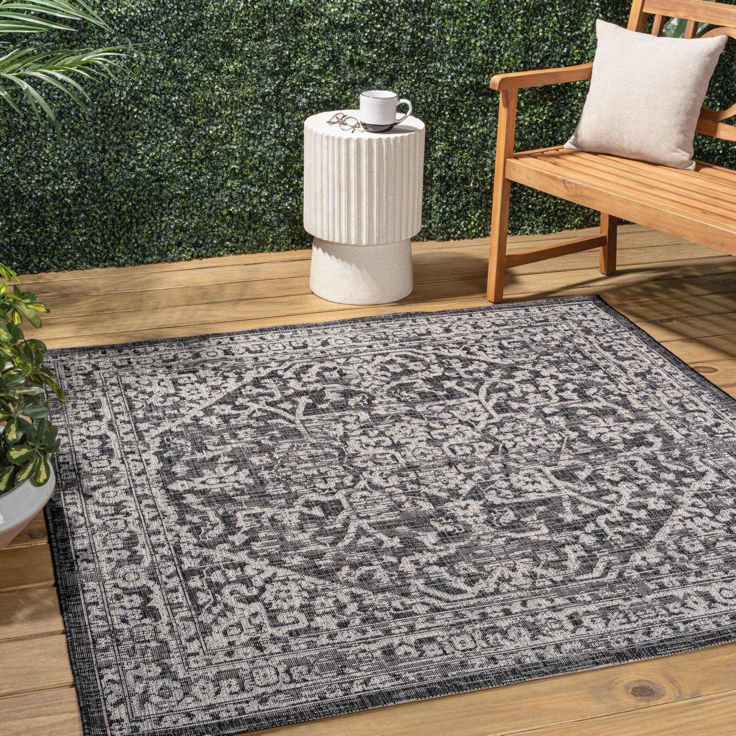JONATHAN Y SMB104C-8SQ Malta Bohemian Medallion Textured Weave Black/Gray 8 Square Indoor/Outdoor Area Rug, Pet Friendly, Non-S