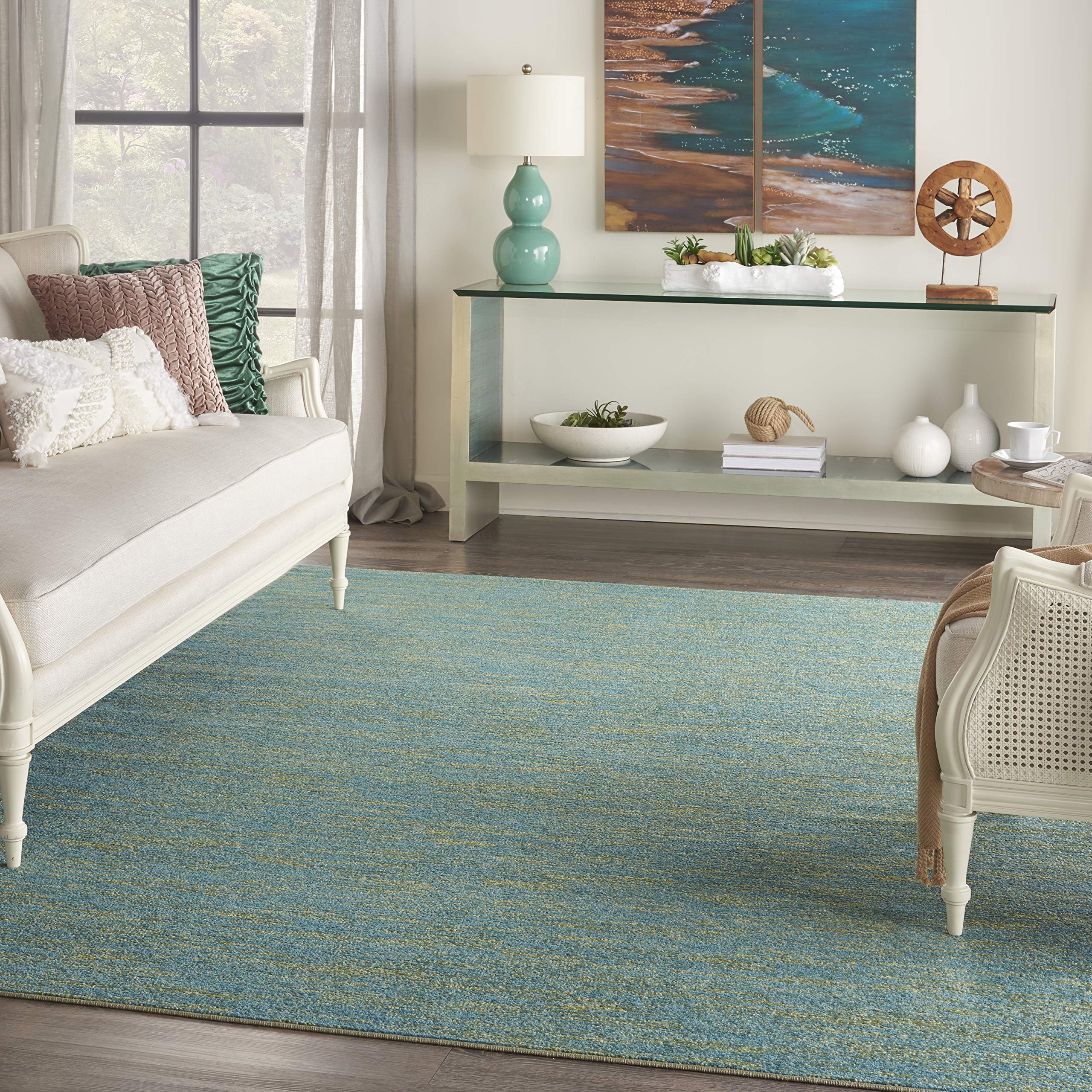 Nourison Essentials Indoor/Outdoor Blue Green 8 x 10 Area Rug, Easy Cleaning, Non Shedding, Bed Room, Living Room, Dining Room