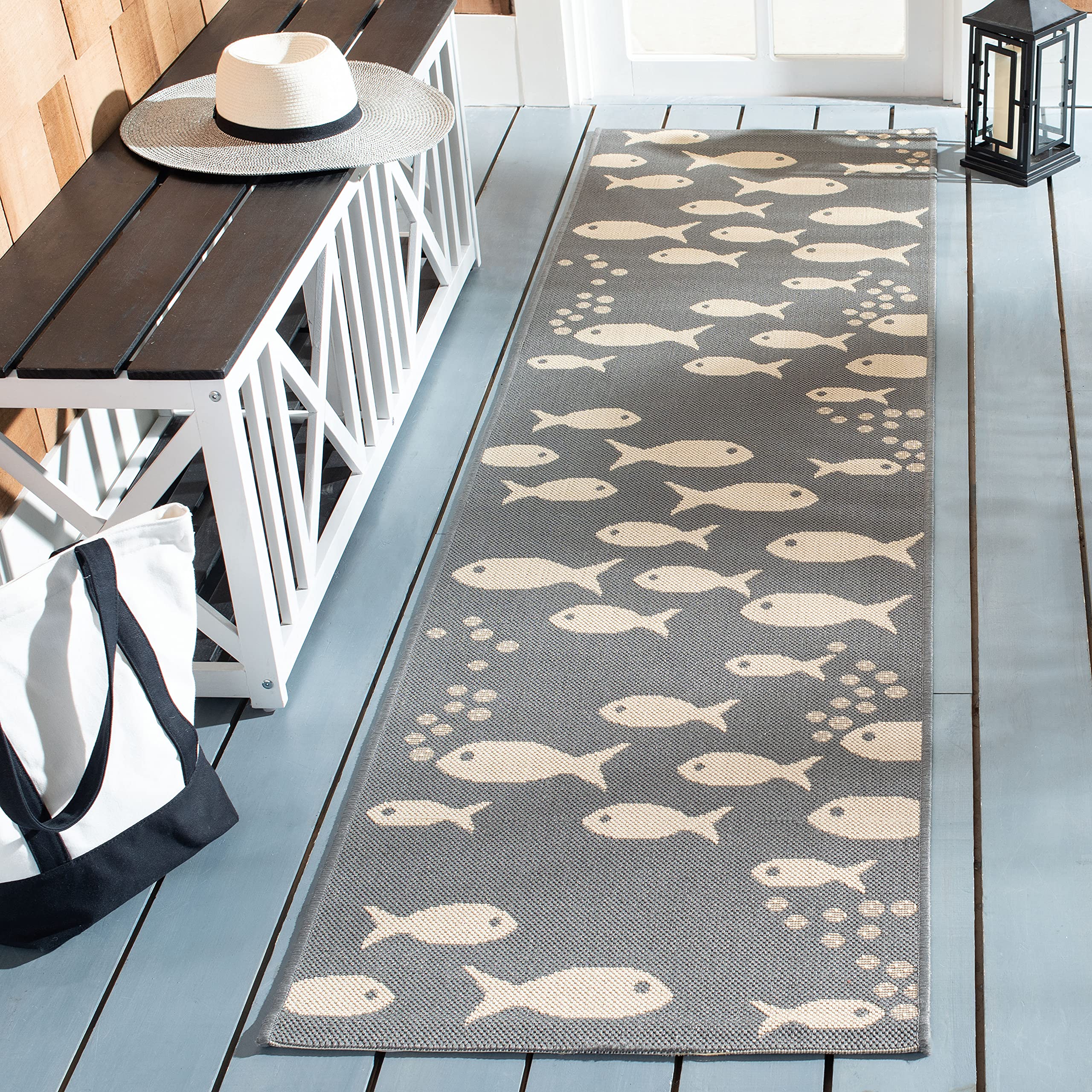 SAFAVIEH Courtyard Collection Runner Rug - 23 x 10, Dark Grey & Beige, Non-Shedding & Easy Care, Indoor/Outdoor & Washable-Ide