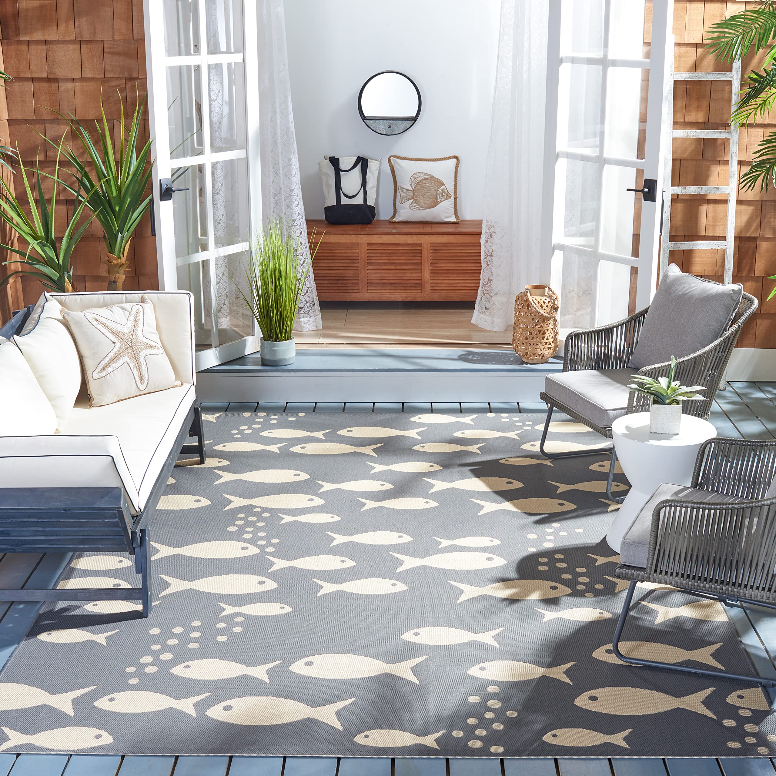 Safavieh Courtyard Collection CY6012 Indoor/ Outdoor Non-Shedding Stain Resistant Patio Backyard Area Rug, 67 Square, Dark Grey