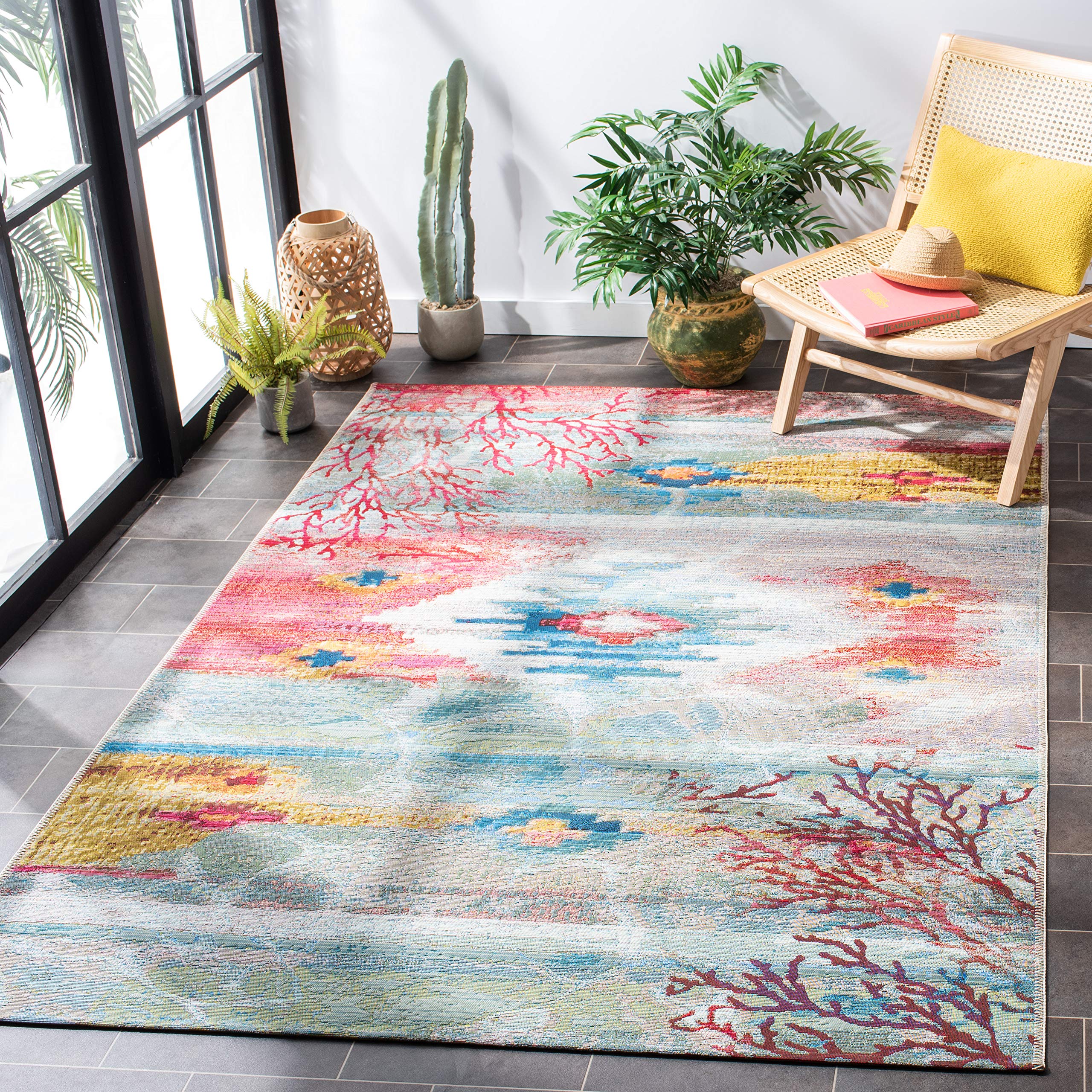 SAFAVIEH Barbados Collection Accent Rug - 4 x 6, Light Blue & Pink, Tropical Abstract Design, Non-Shedding & Easy Care, Indoor