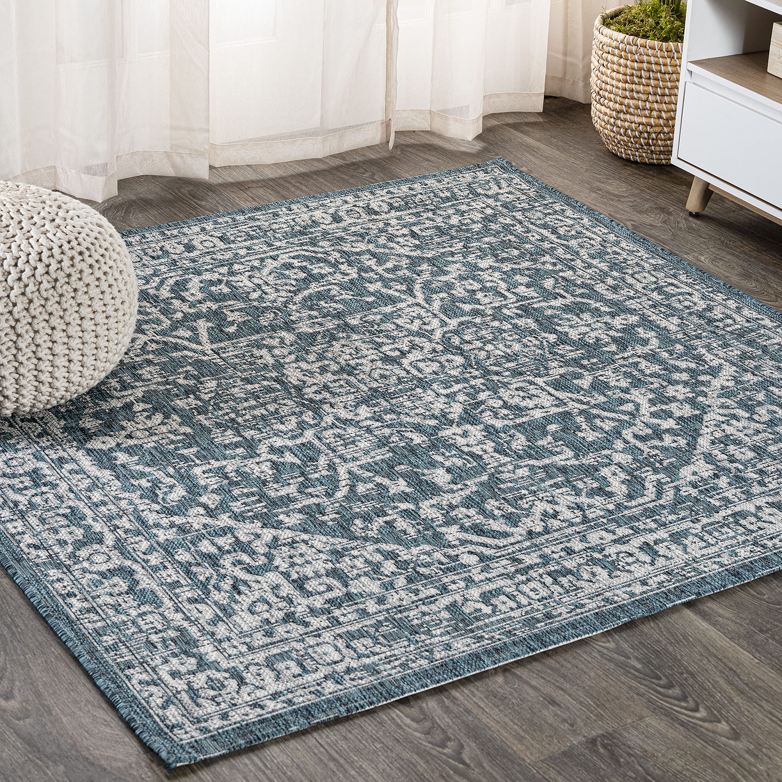 JONATHAN Y SMB104B-3SQ Malta Bohemian Medallion Textured Weave Teal/Gray 3 Square Indoor/Outdoor Area Rug, Pet Friendly, Non-Sh