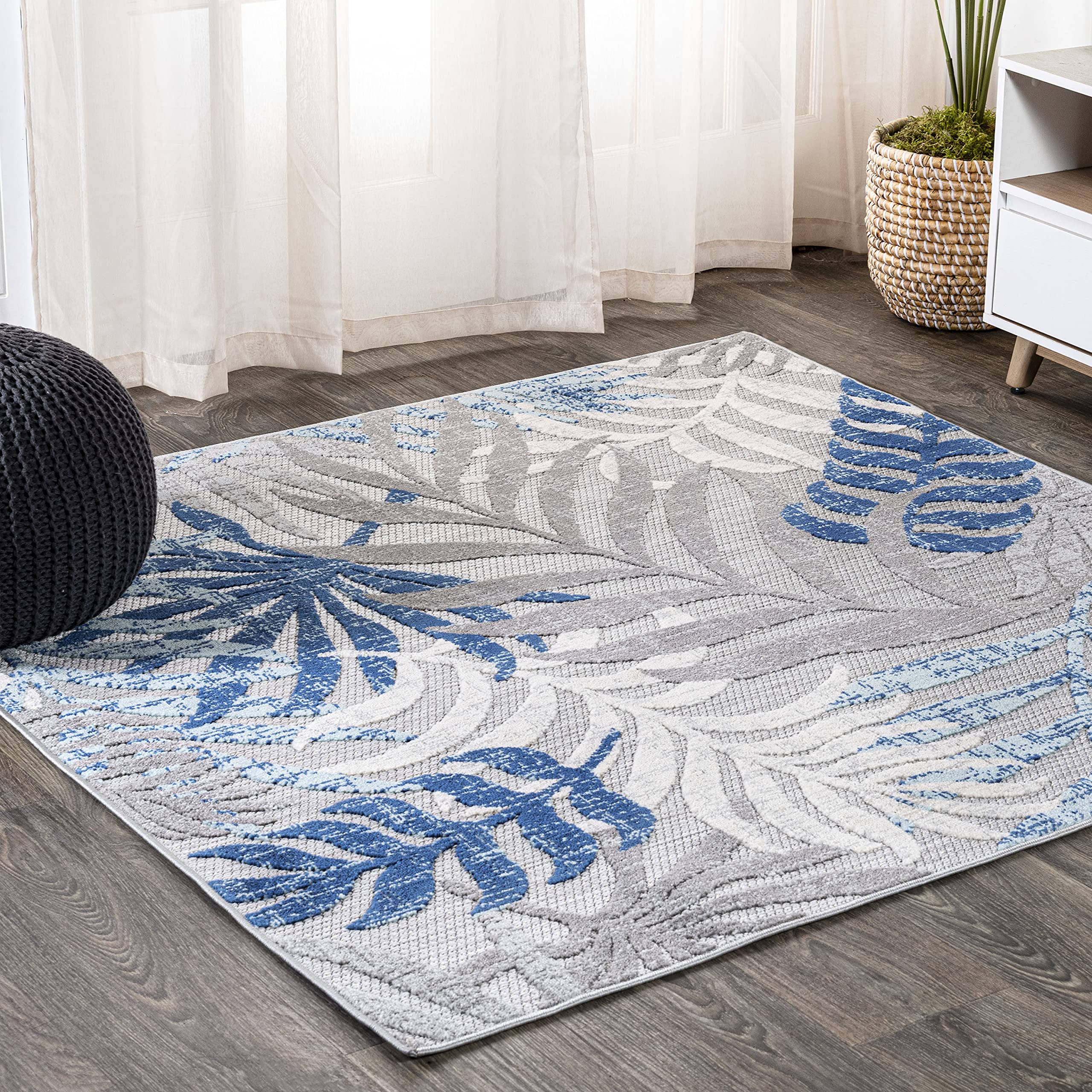 JONATHAN Y AMC100A-5SQ Tropics Palm Leaves Indoor Outdoor Area-Rug Bohemian Floral Easy-Cleaning High Traffic Bedroom Kitchen Ba