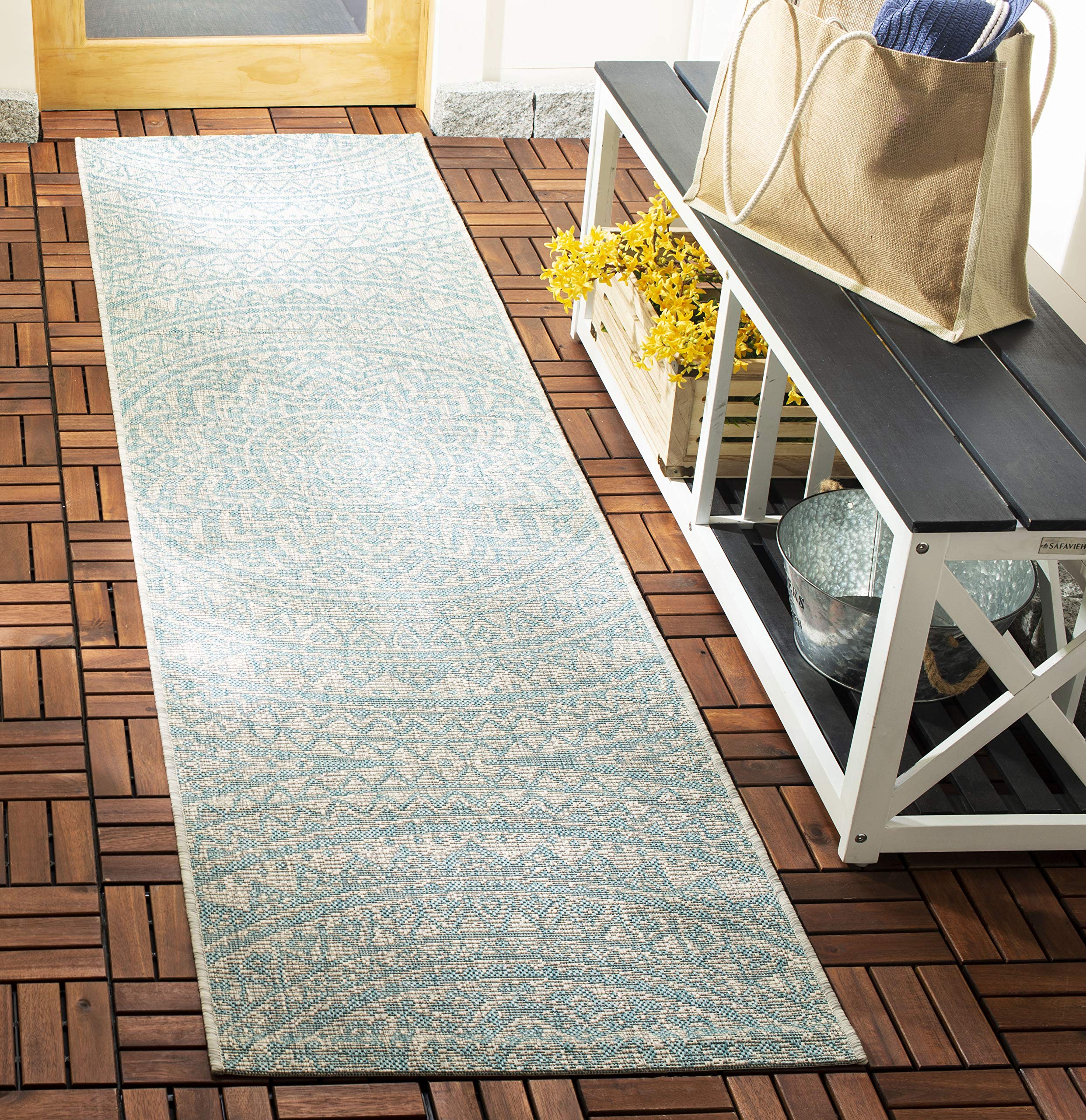 SAFAVIEH Courtyard Collection 23 x 12 Light Grey / Aqua CY8734 Indoor/ Outdoor Waterproof Easy Cleaning Patio Backyard Mudroom