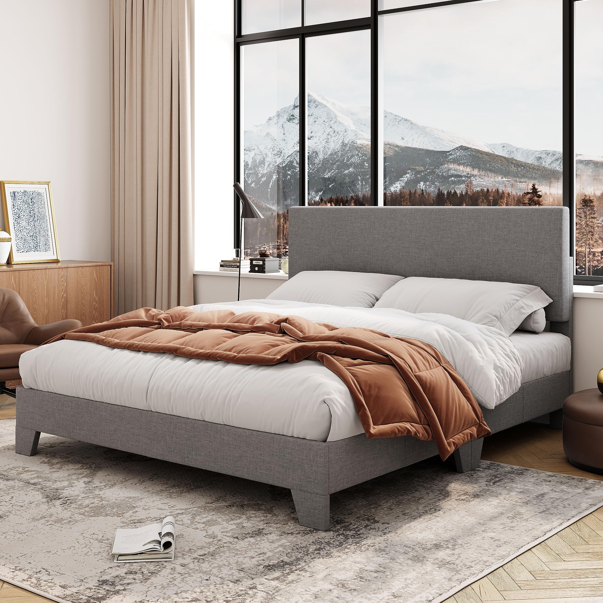 Allewie Full Size Bed Frame with Adjustable Headboard, Upholstered Platform Bed with Wood Slats, Heavy Duty Mattress Foundation,