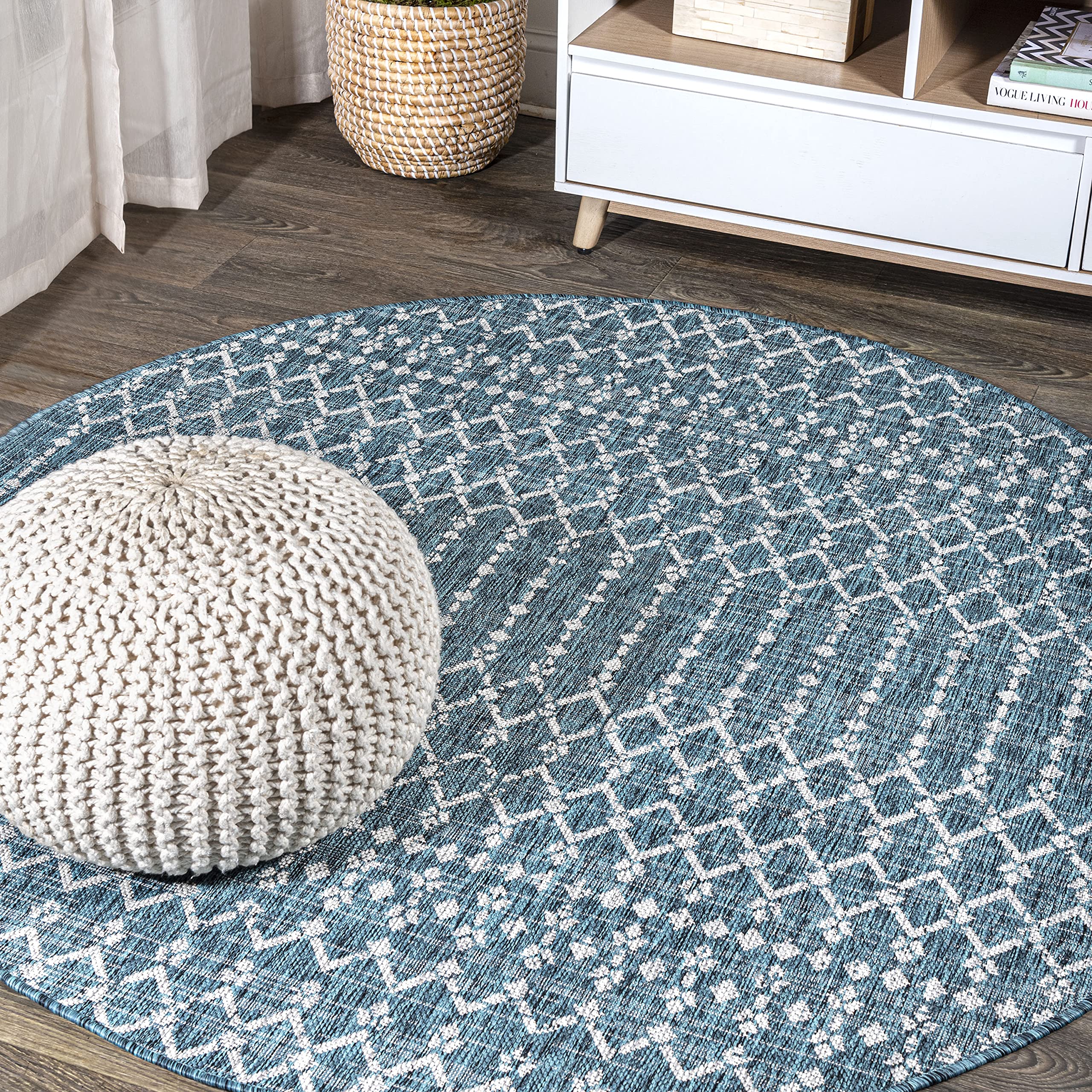 JONATHAN Y SMB108C-6R Ourika Moroccan Geometric Textured Weave Teal/Gray 6 Round Indoor/Outdoor Area Rug, Pet Friendly, Non-She