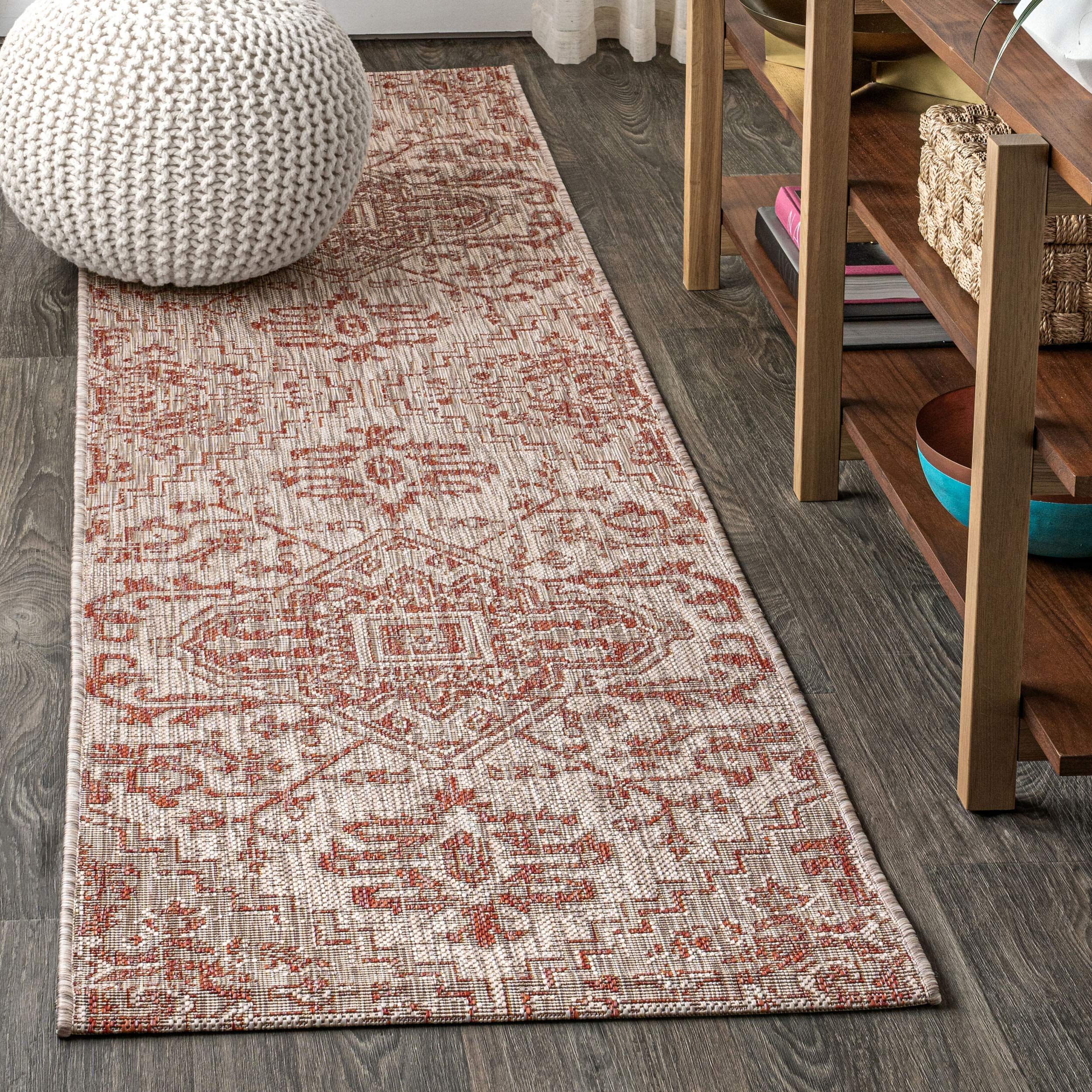JONATHAN Y SMB105A-28 Estrella Bohemian Medallion Textured Weave Red/Taupe 2 ft. x 8 ft. Indoor/Outdoor Runner Rug Coastal, Trad