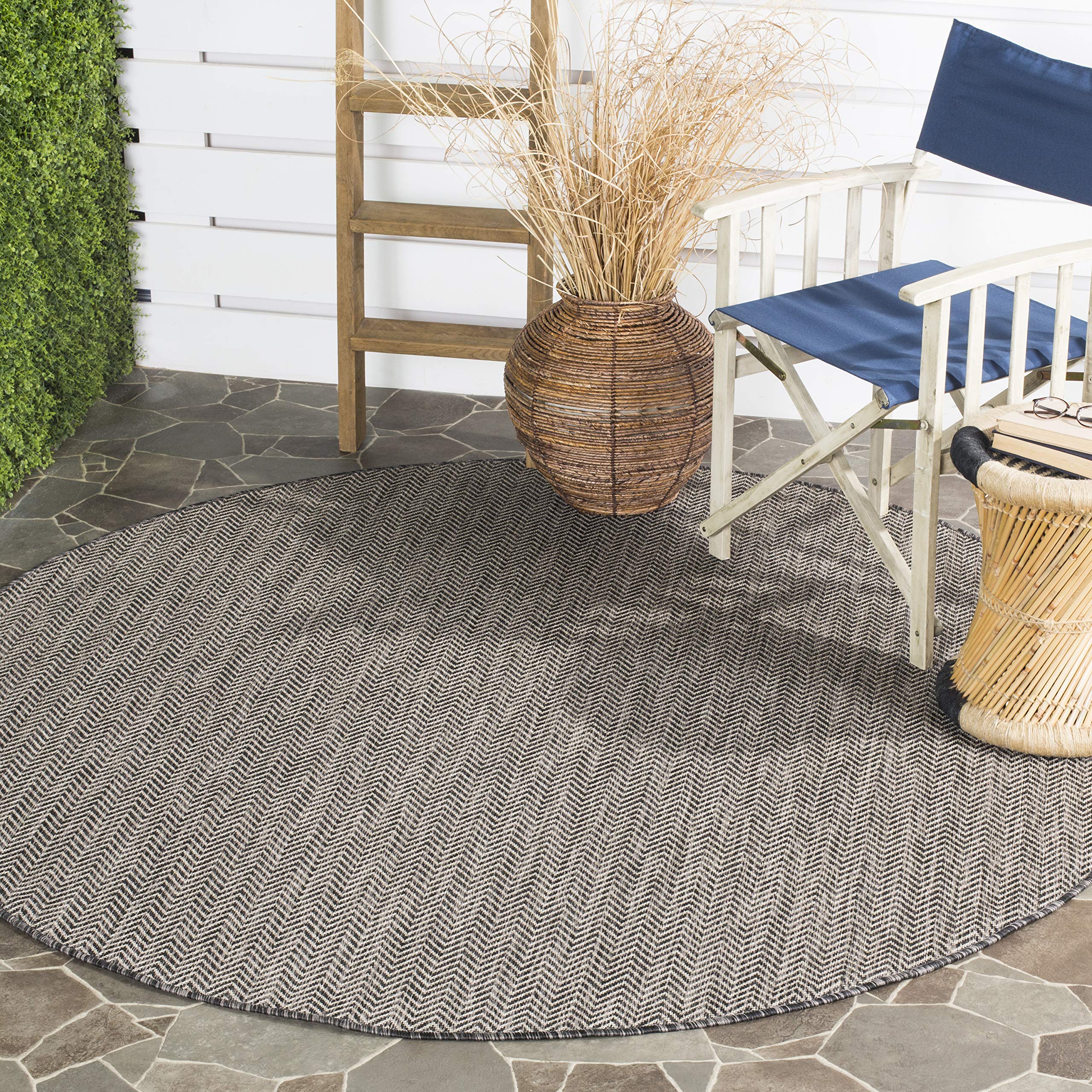 SAFAVIEH Courtyard Collection Area Rug - 9 Round, Black & Beige, Non-Shedding & Easy Care, Indoor/Outdoor & Washable-Ideal for 