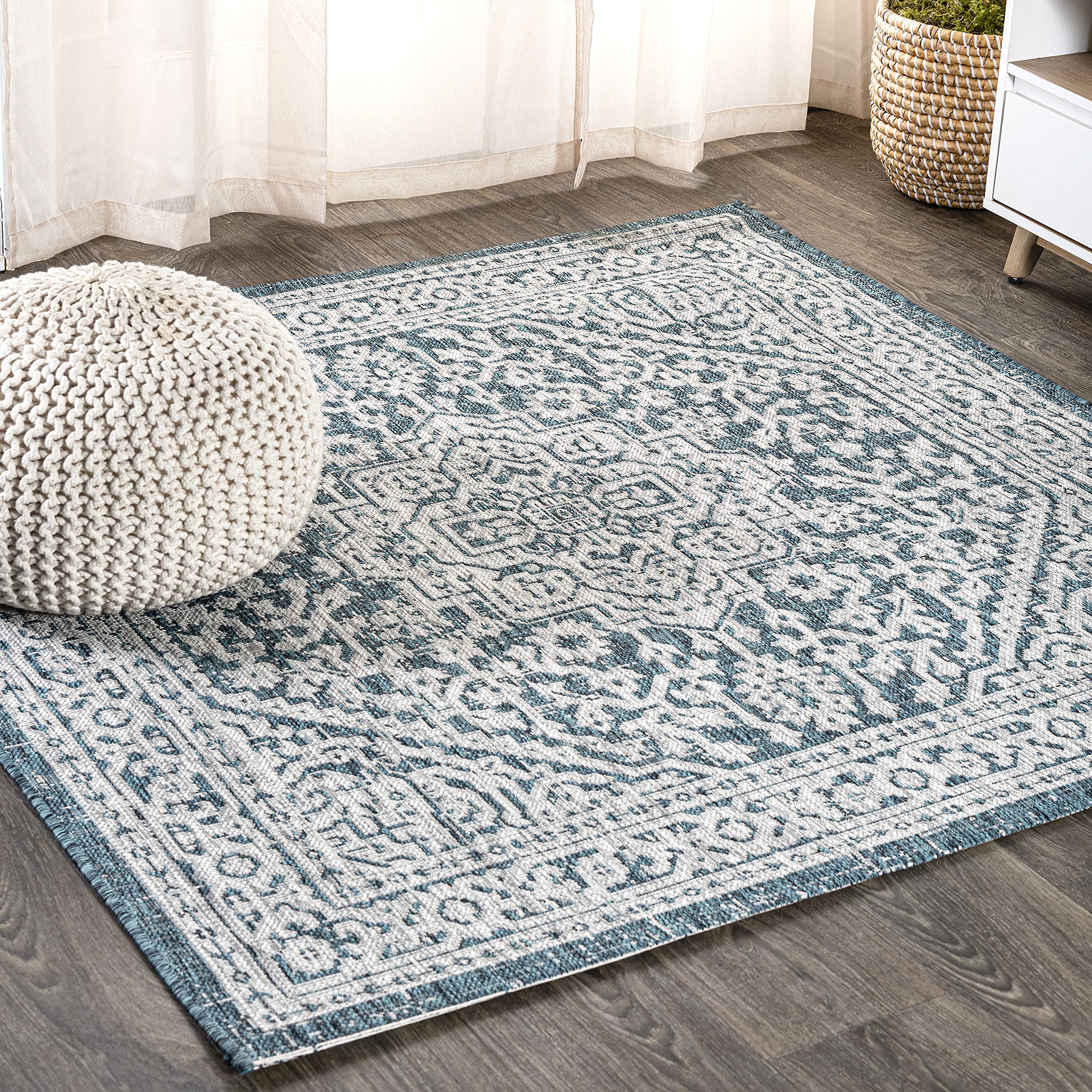 JONATHAN Y SMB101C-9SQ Sinjuri Medallion Textured Weave Teal Blue/Gray 9 Square Indoor/Outdoor Area Rug, Pet Friendly, Non-Shed