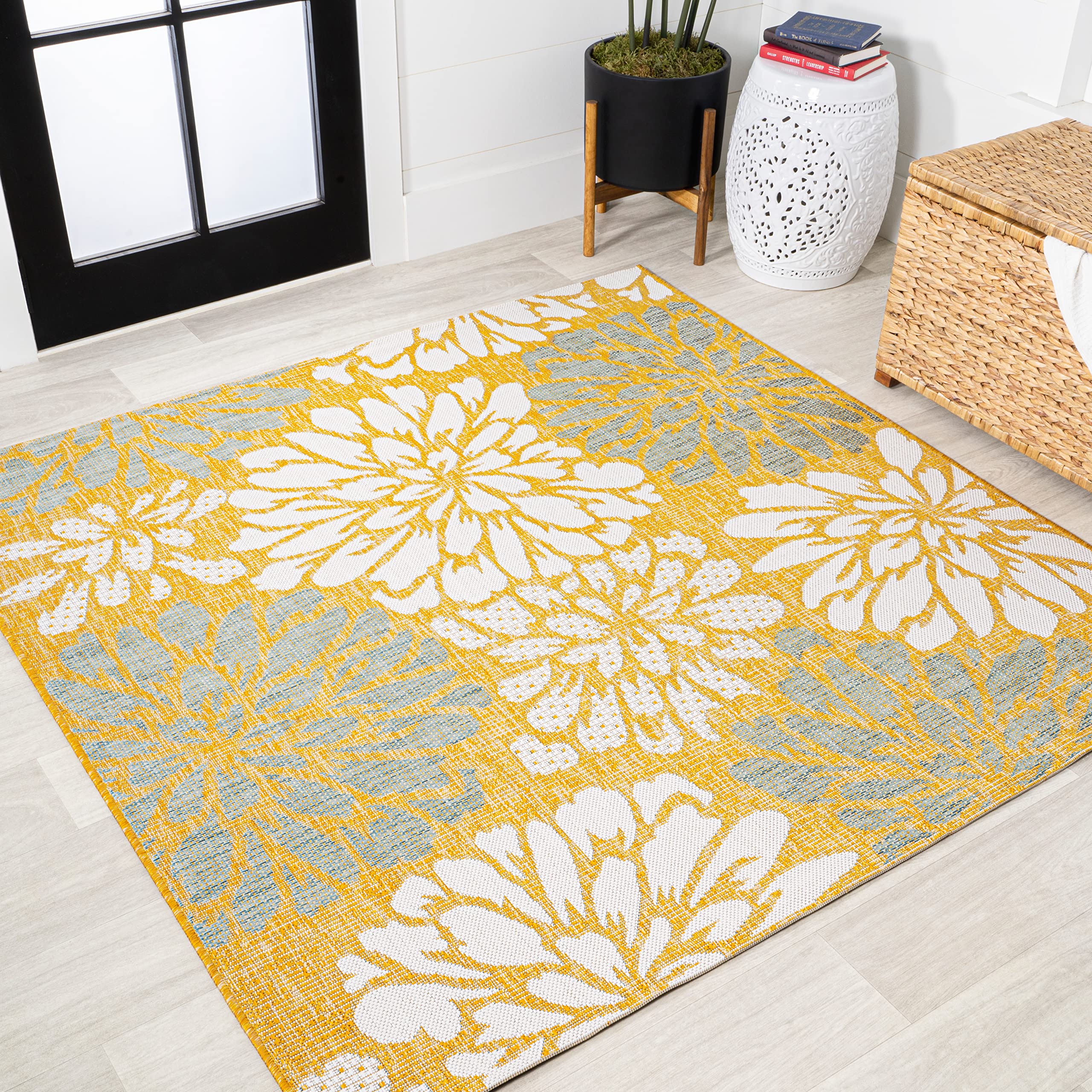 JONATHAN Y SMB110G-5SQ Zinnia Modern Floral Textured Weave Indoor Outdoor Area-Rug, Bohemian Coastal Mediterranean Easy-Cleaning