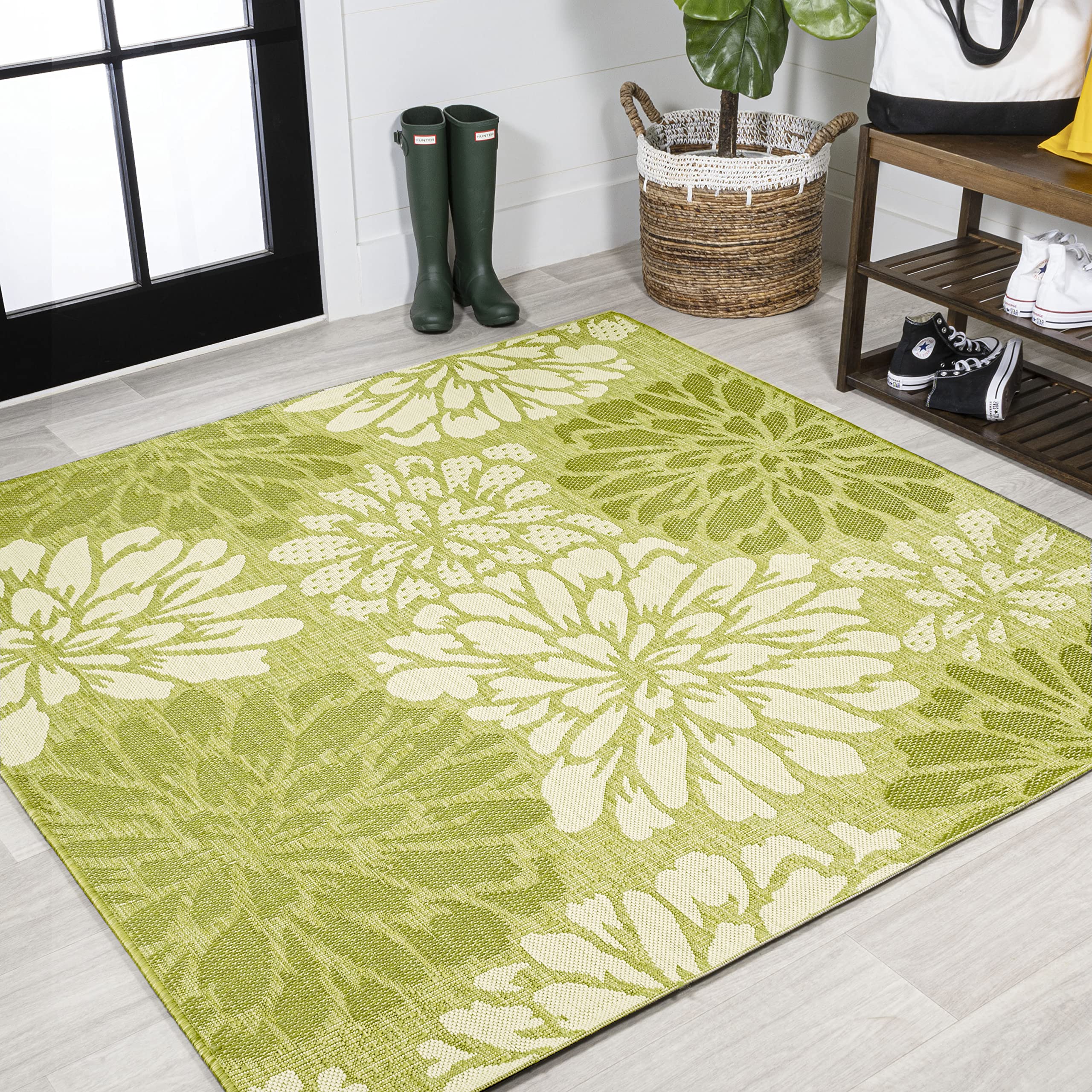 JONATHAN Y SMB110H-5SQ Zinnia Modern Floral Textured Weave Indoor Outdoor Area-Rug, Country Coastal Transitional Easy-Cleaning,B