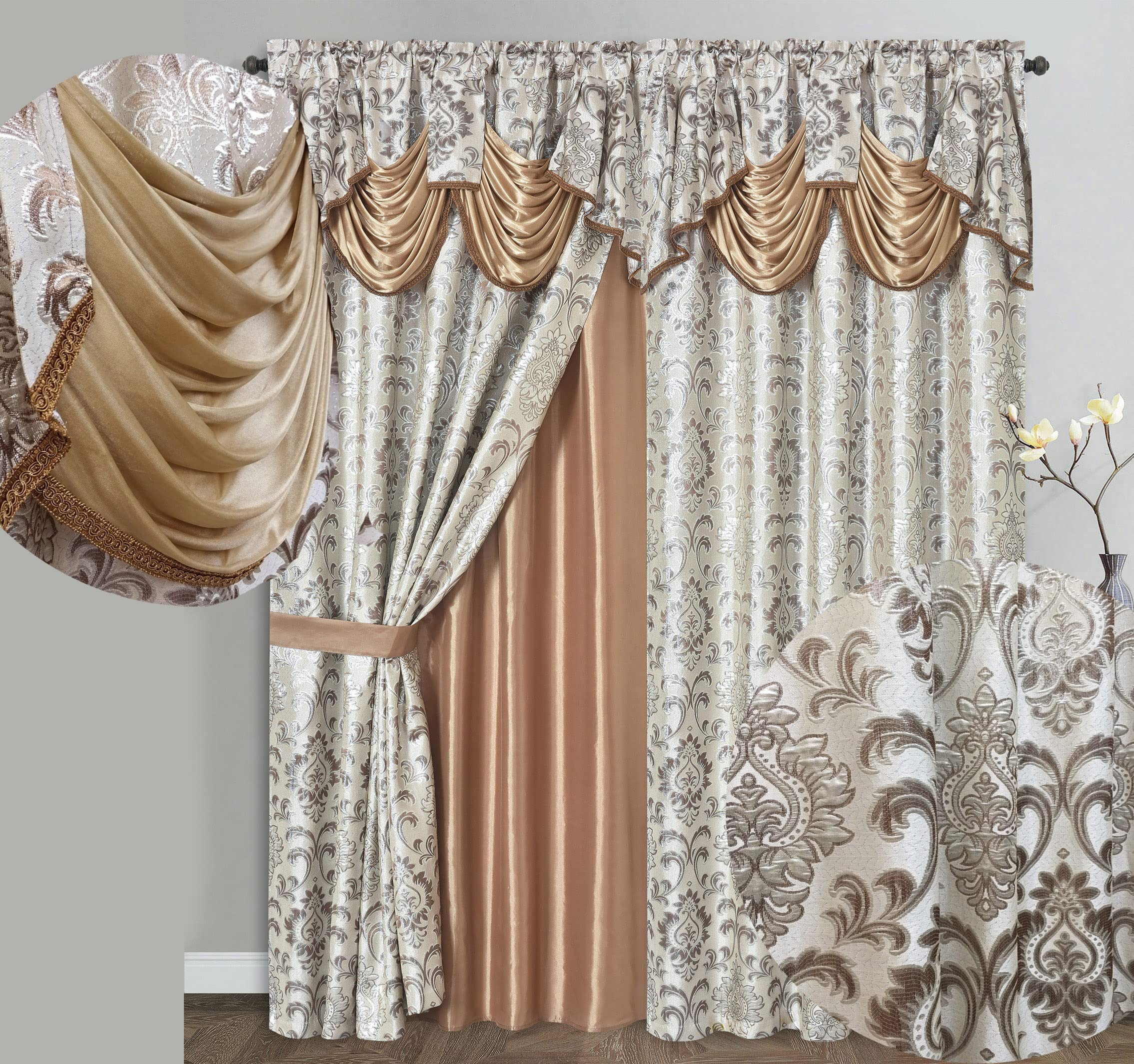 GOHD Samba Star. Jacquard Window Curtain Panel Drape with Attached Fancy Valance and Taffeta Backing. 2pcs Set. Each pc 54 Wide 
